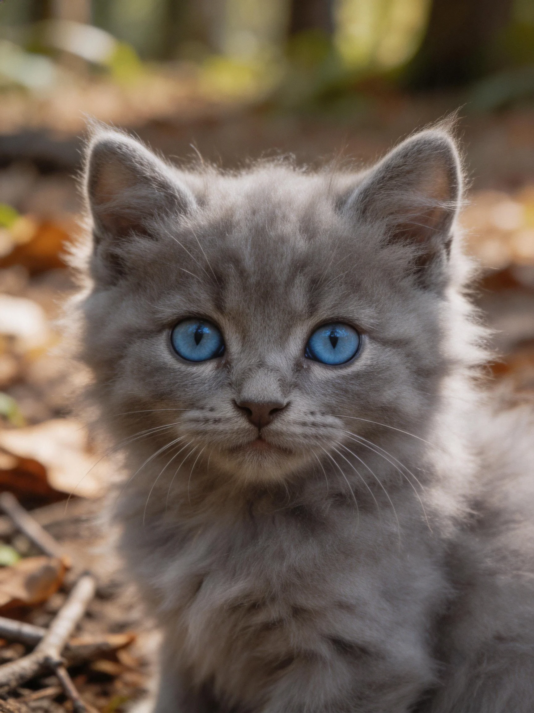 A fluffy gray kitten with bright blue eyes sits among fallen leaves in an outdoor setting.