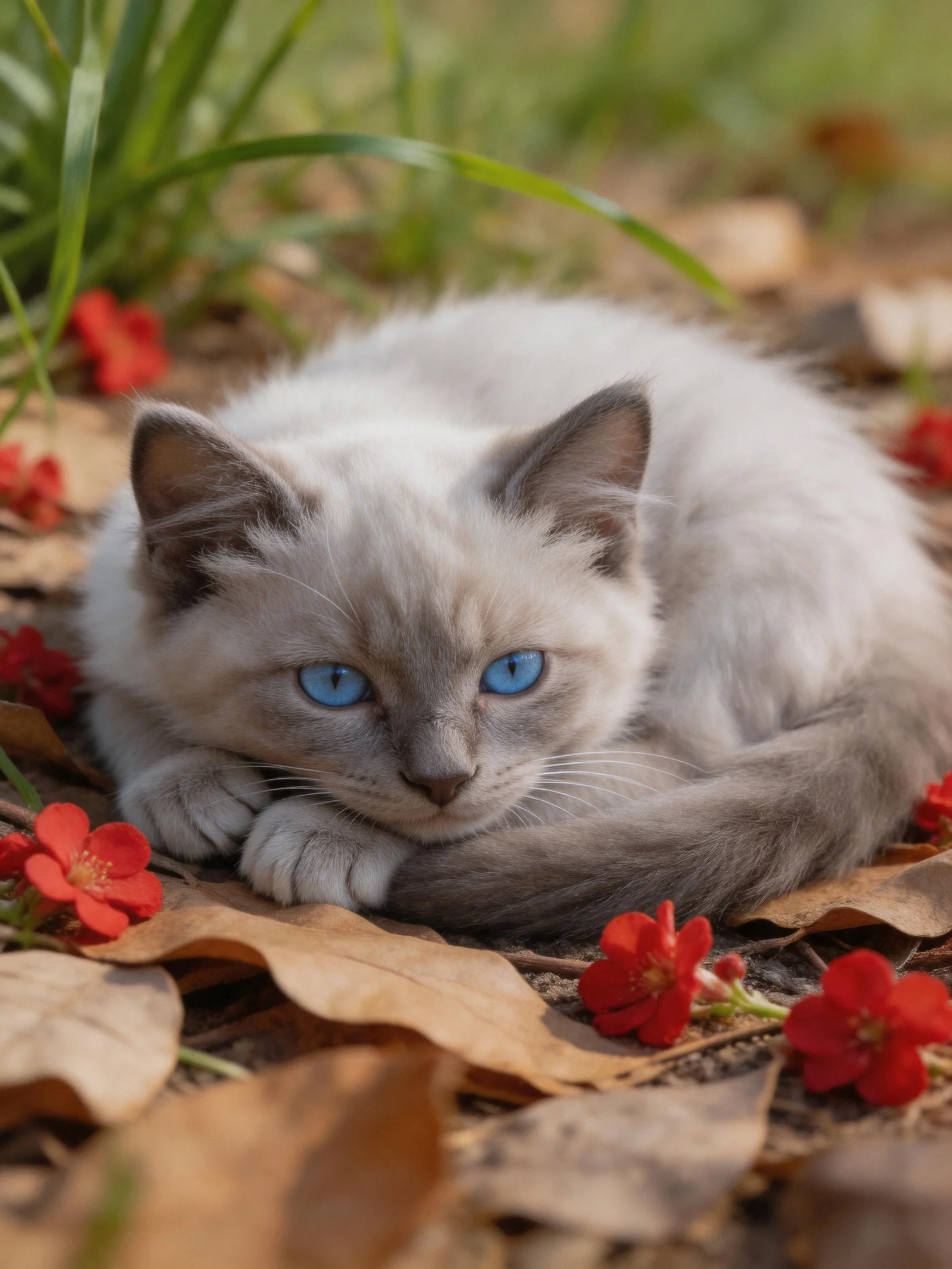 A fluffy gray kitten with bright blue eyes rests among red flowers and dry leaves