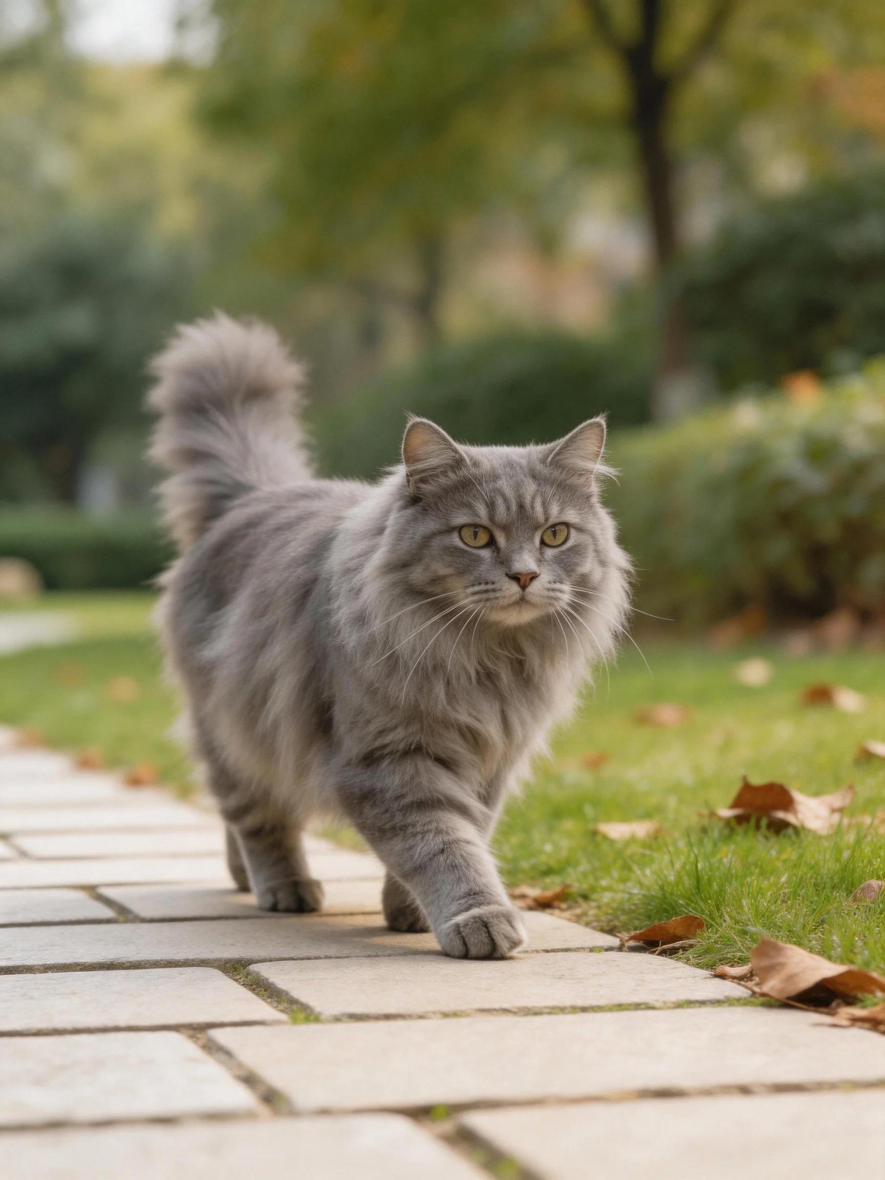 A fluffy gray long-haired cat strolls on a stone pathway near greenery.
