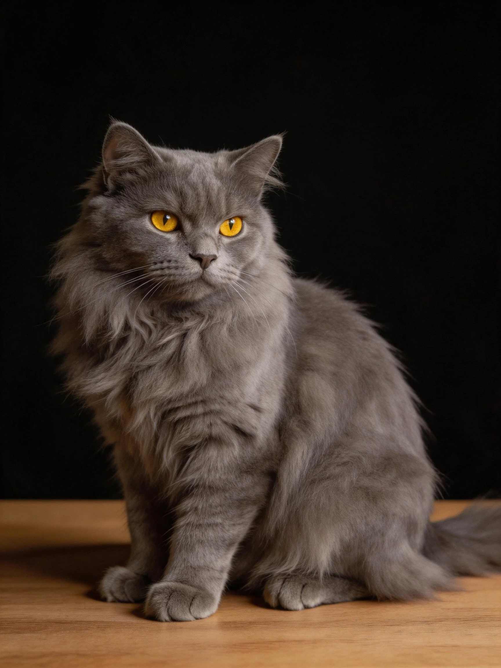 A fluffy gray long-haired cat with bright yellow eyes sits on a wooden surface
