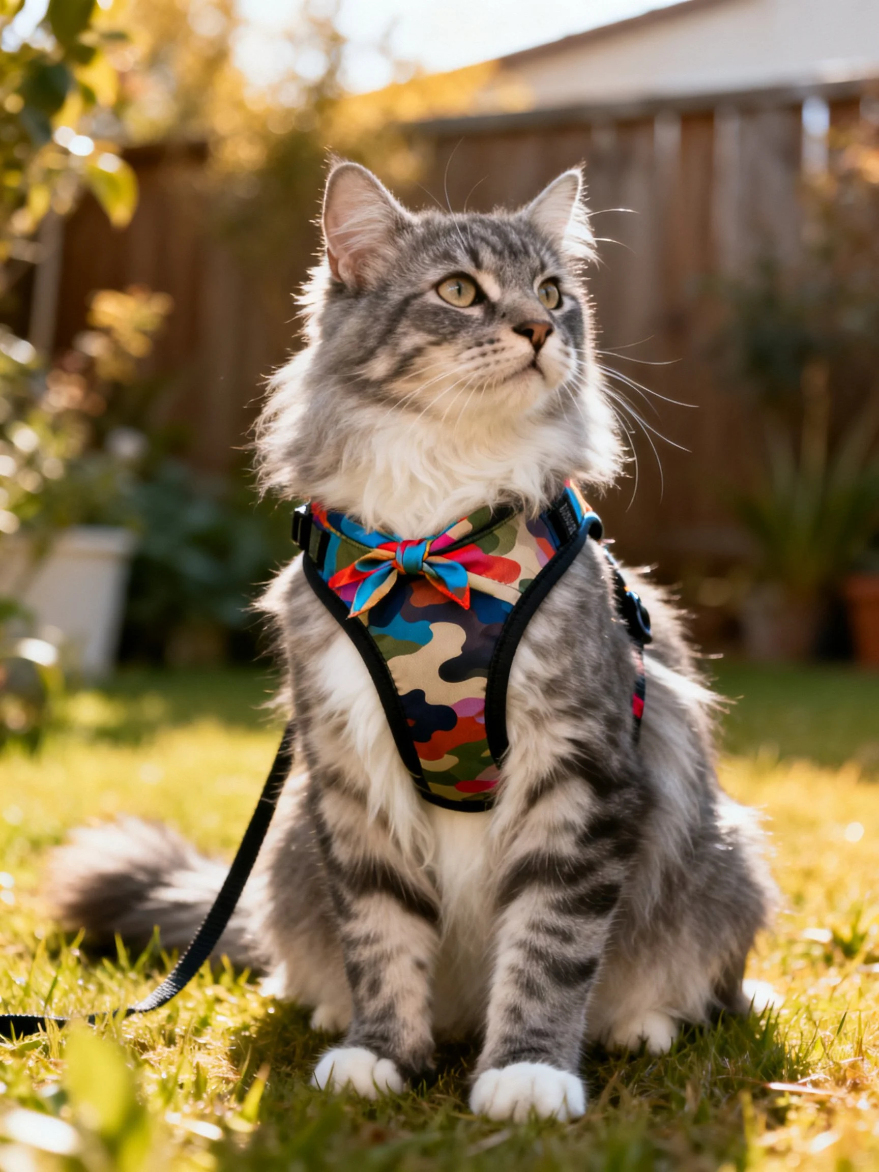A fluffy gray tabby cat in backyard with colorful camouflage harness