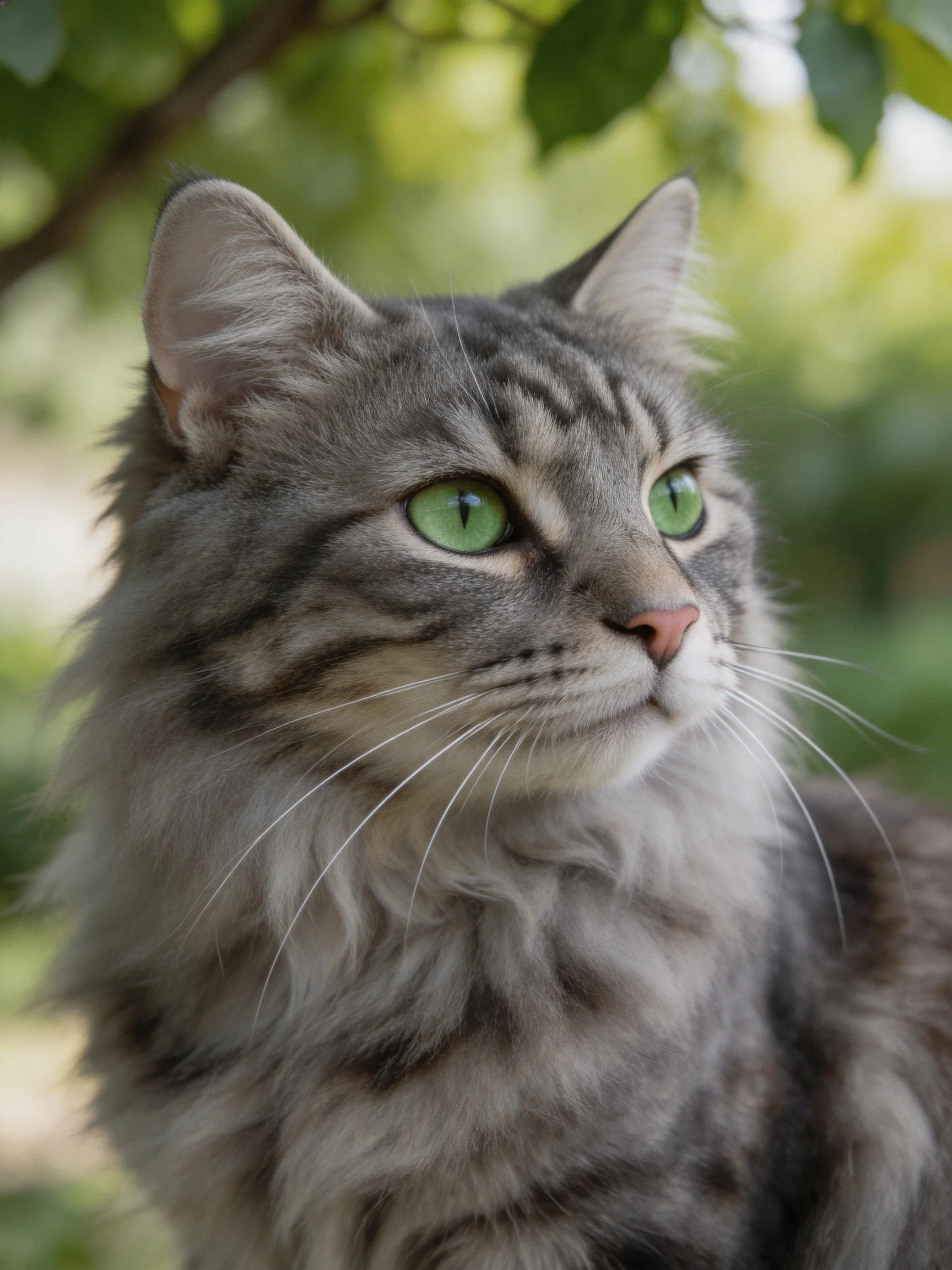 A fluffy gray tabby cat observes its surroundings amid greenery.