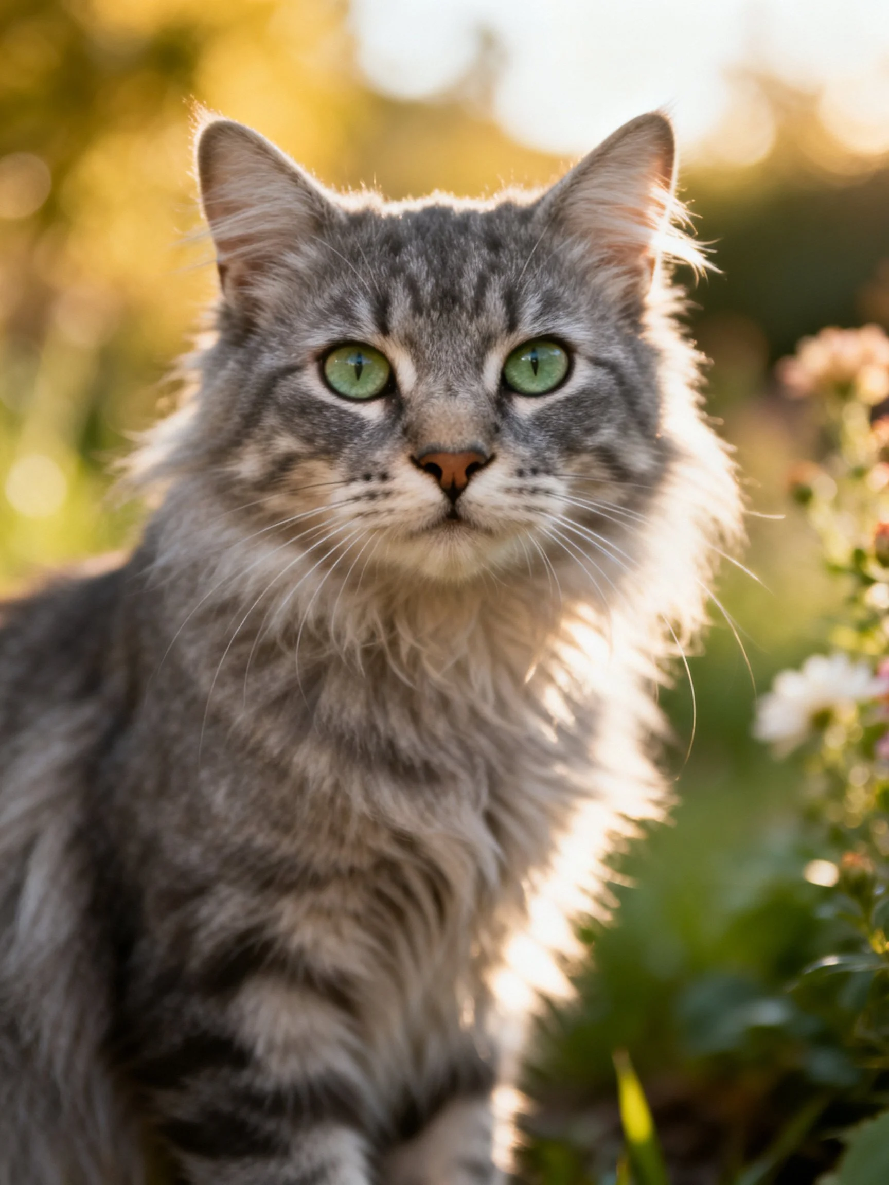 A fluffy gray tabby cat with bright green eyes in a sunlit garden