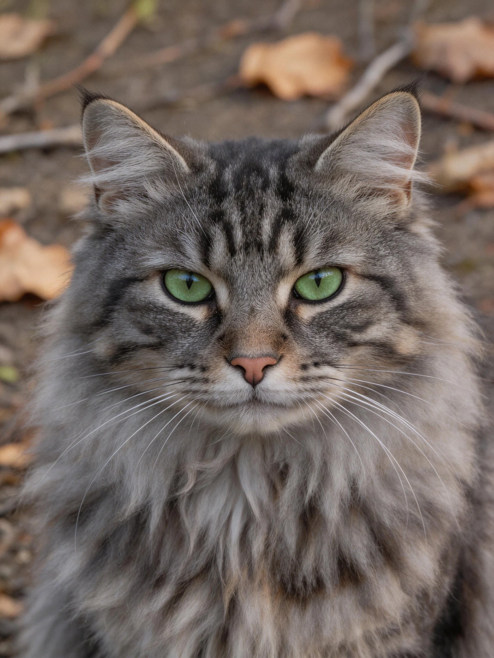 A fluffy gray tabby cat with bright green eyes outdoors
