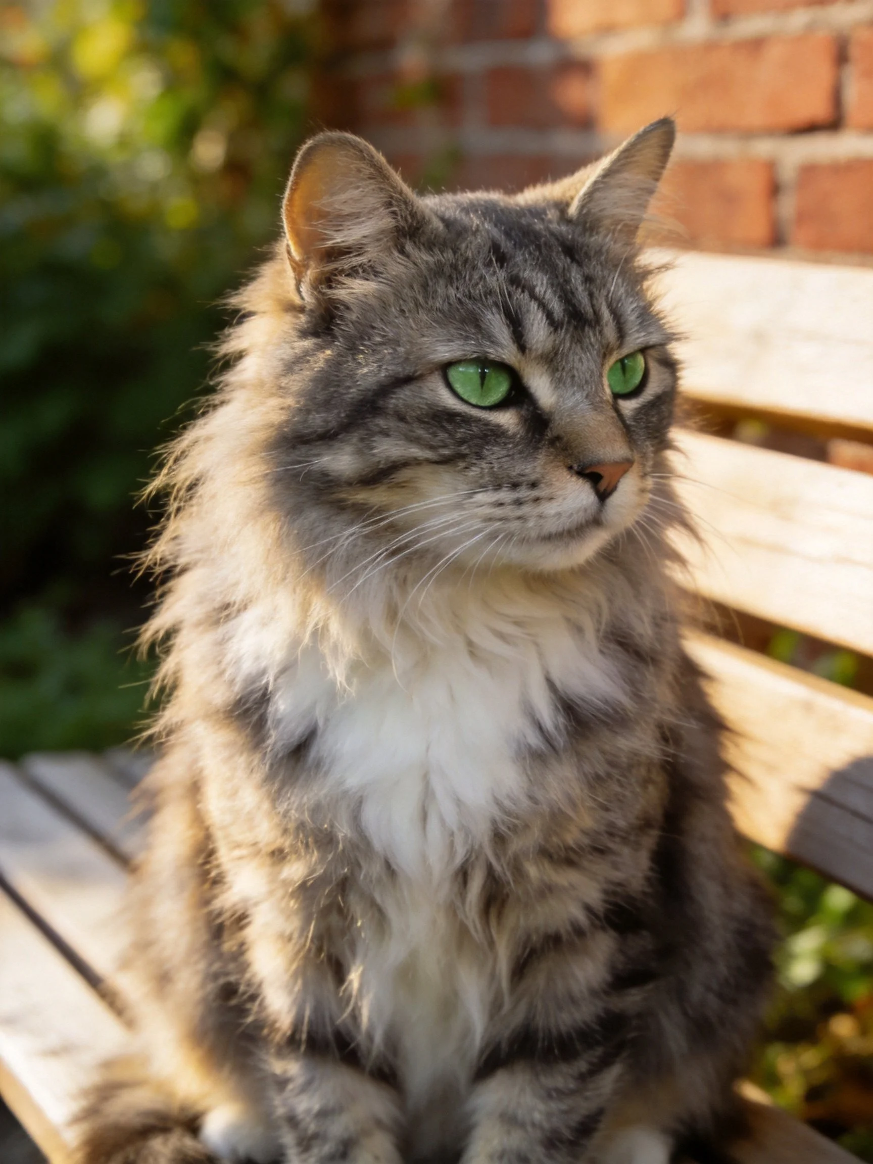 A fluffy gray tabby cat with green eyes rests on a wooden bench near a brick wall