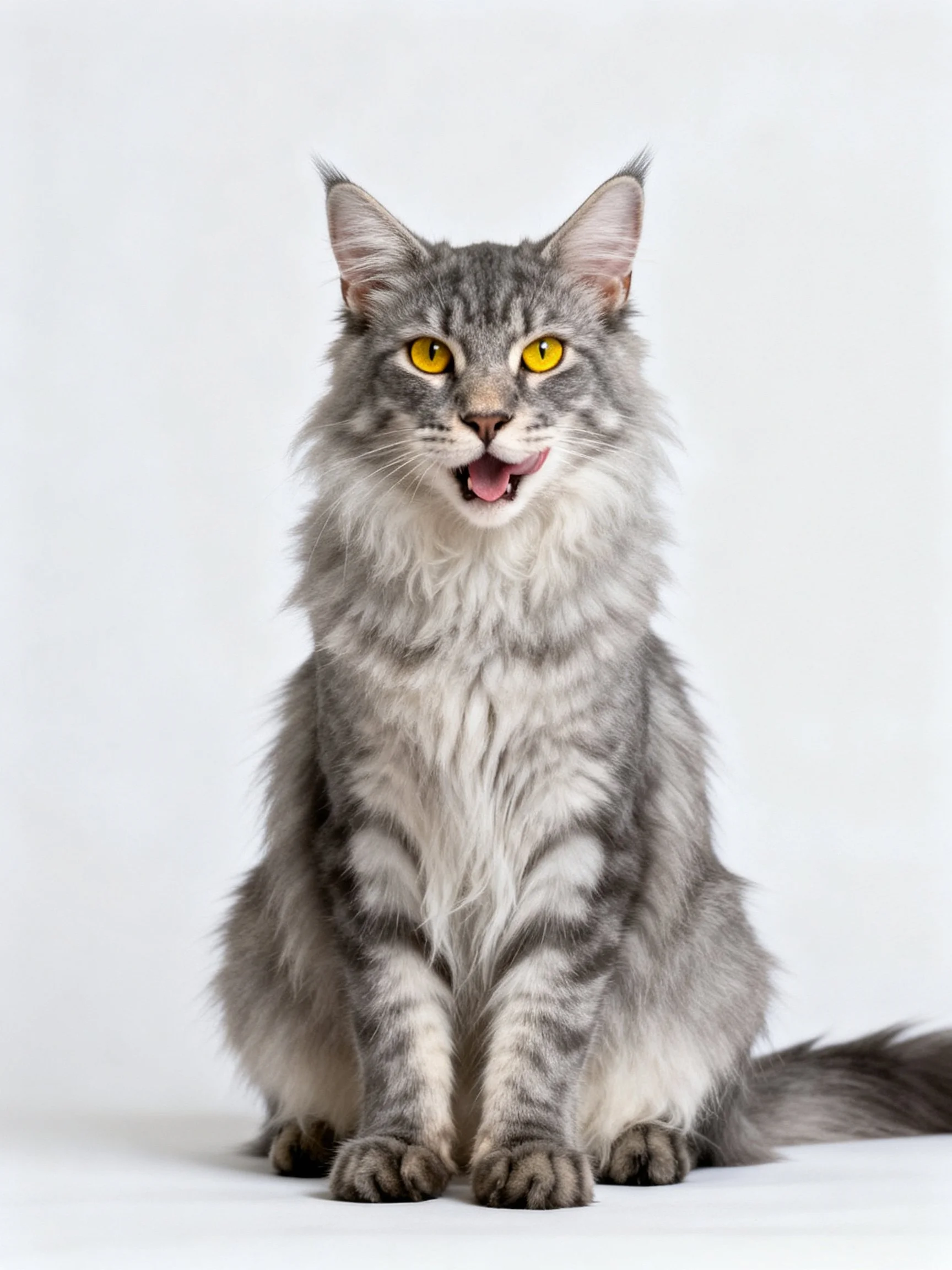 A fluffy gray tabby cat with bright yellow eyes sits calmly on a white surface.