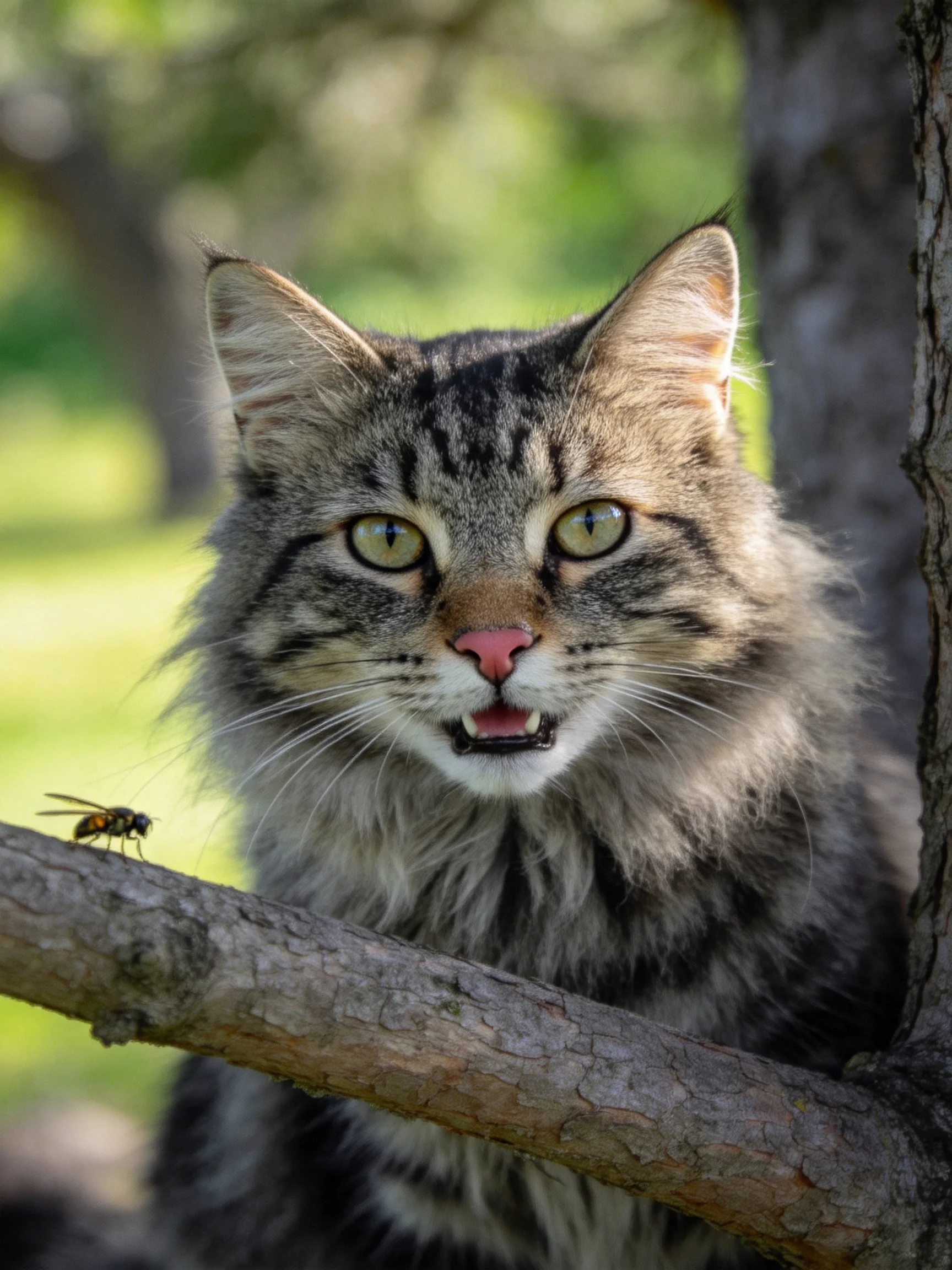 A gray tabby cat with green eyes sits on a tree branch near a fly