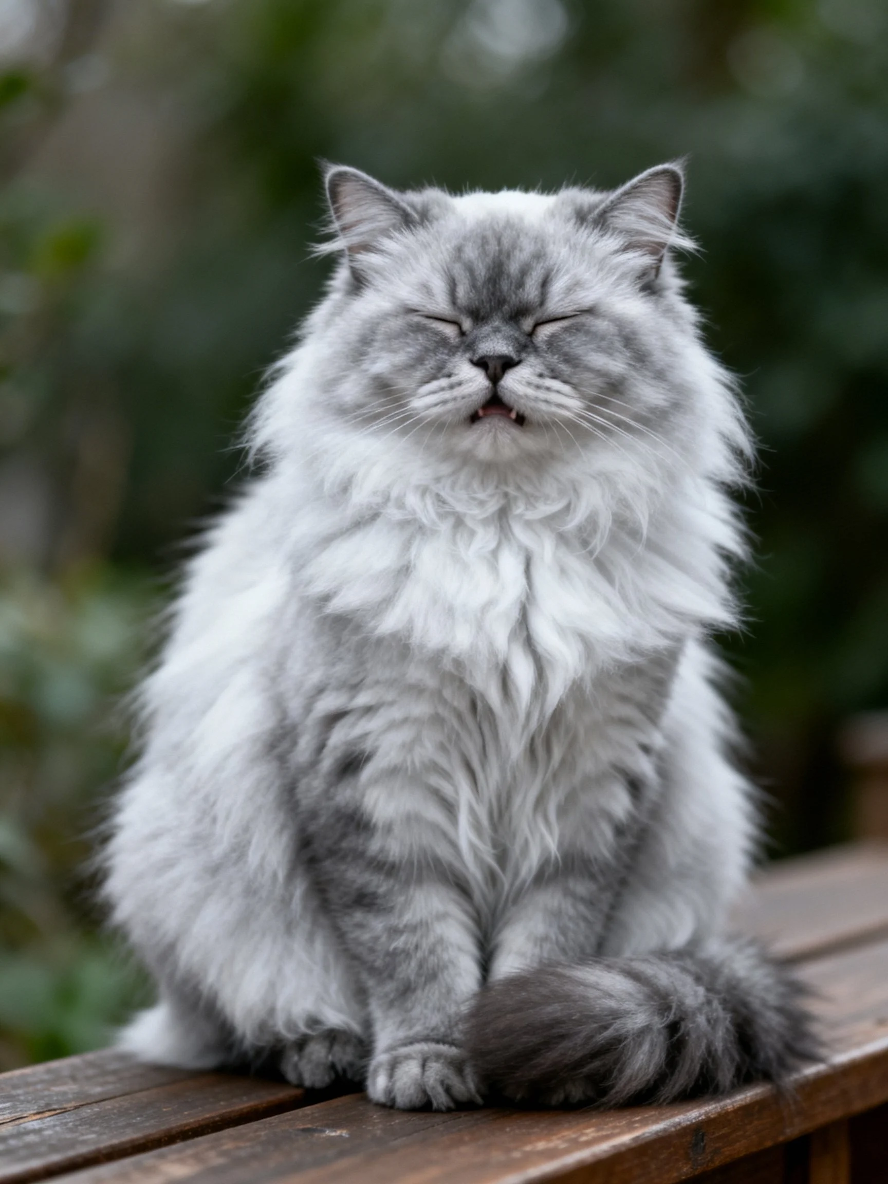A fluffy gray cat sits calmly on a wooden bench in an outdoor setting.