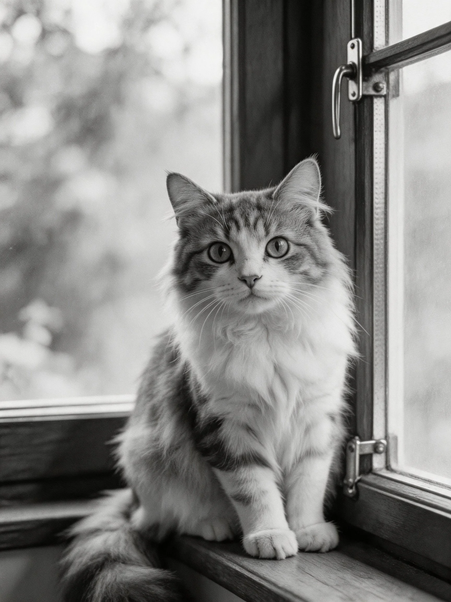 A fluffy long - haired cat sits by an open wooden window