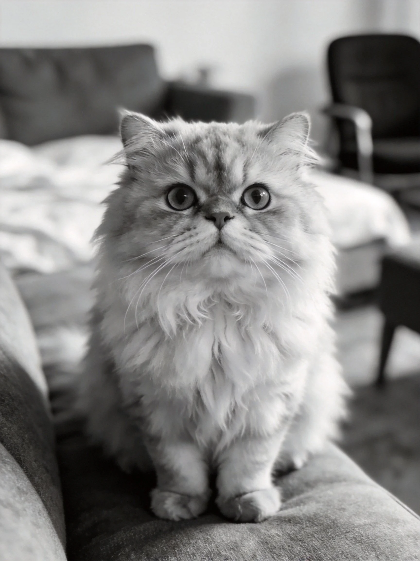 A fluffy long-haired cat sits on a couch in a monochrome interior