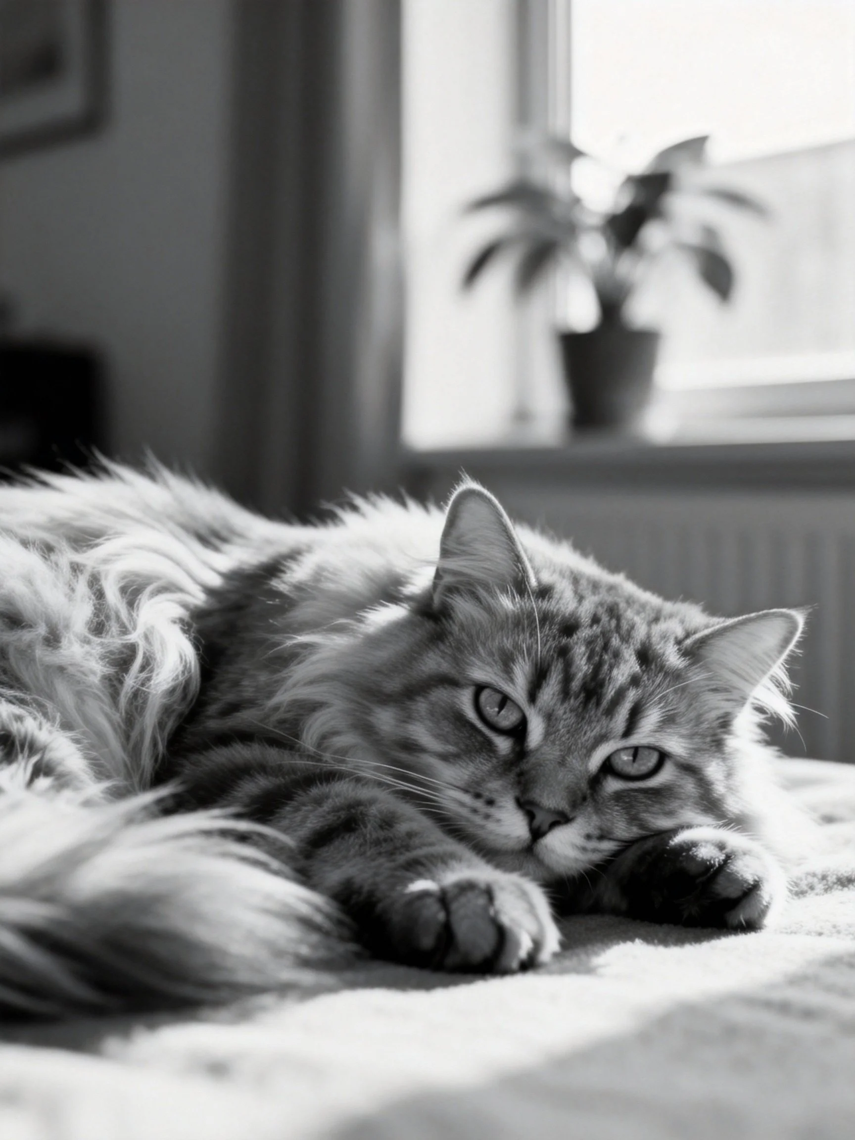 A fluffy long-haired tabby cat resting on fabric near a sunlit window