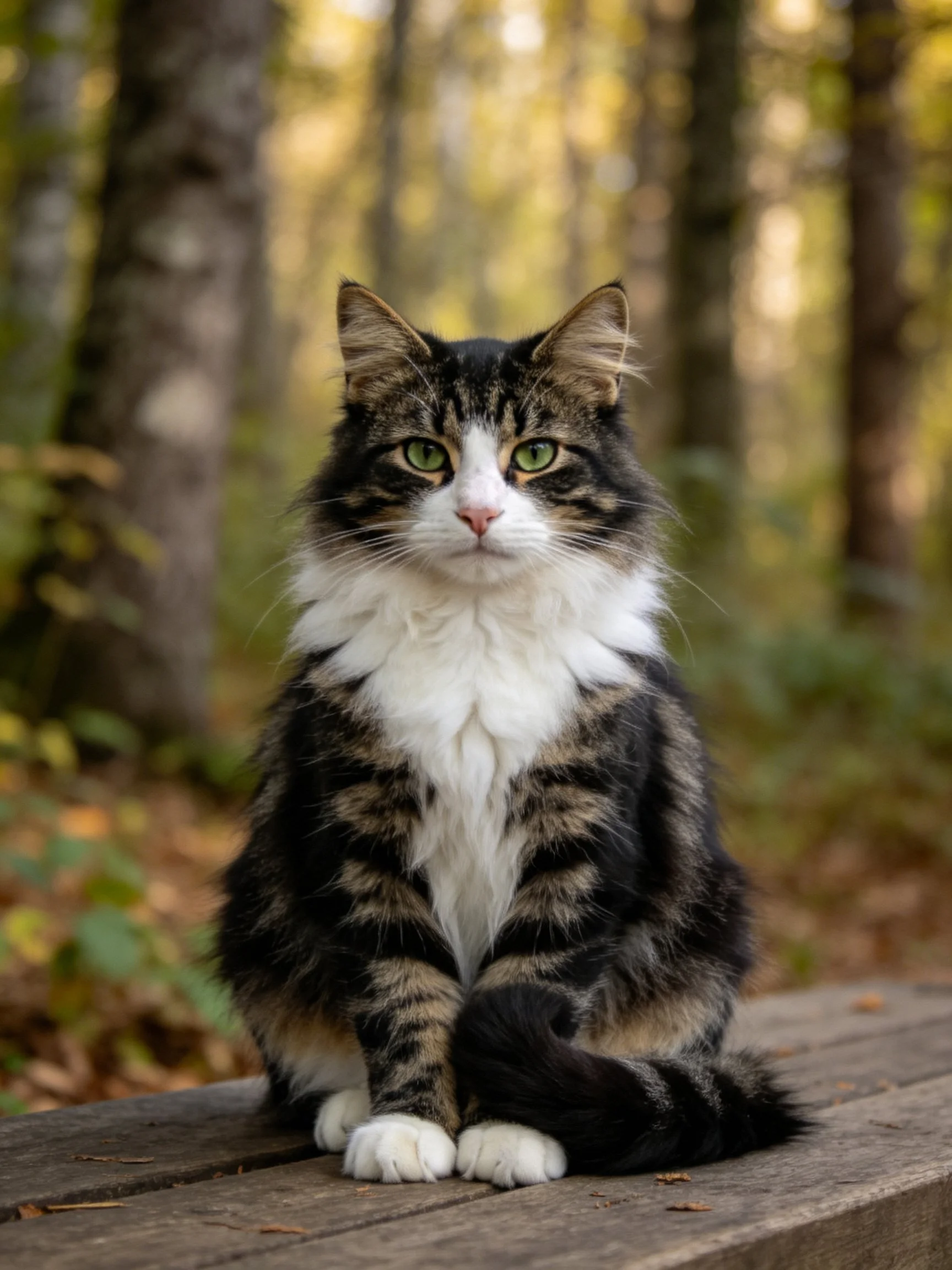 A fluffy multi-colored cat sits on a wooden bench in a sunlit forest setting