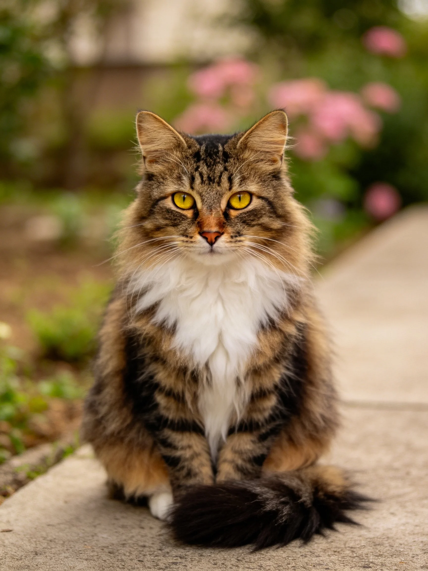 A fluffy multi-colored cat with bright yellow eyes sits calmly on a concrete path near greenery.