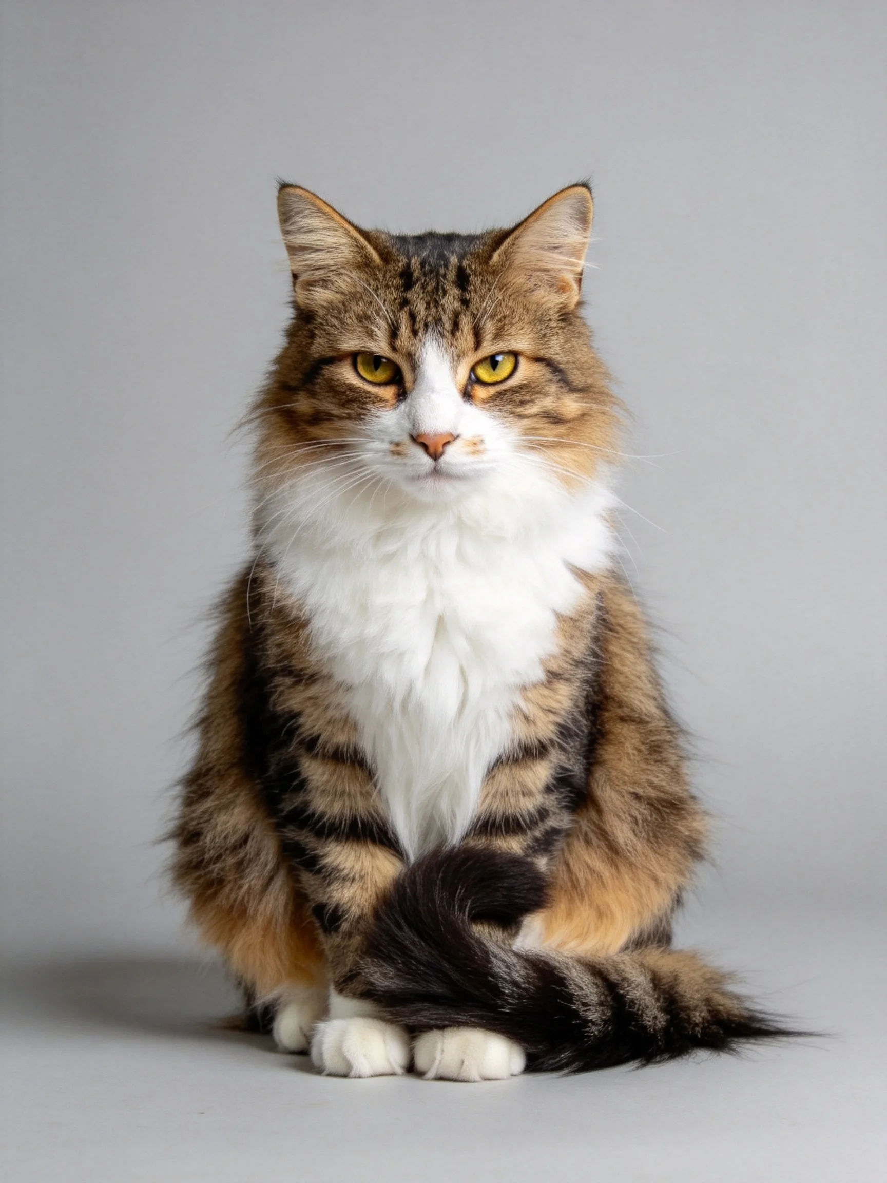 A fluffy multicolored cat sits calmly against a plain gray background.