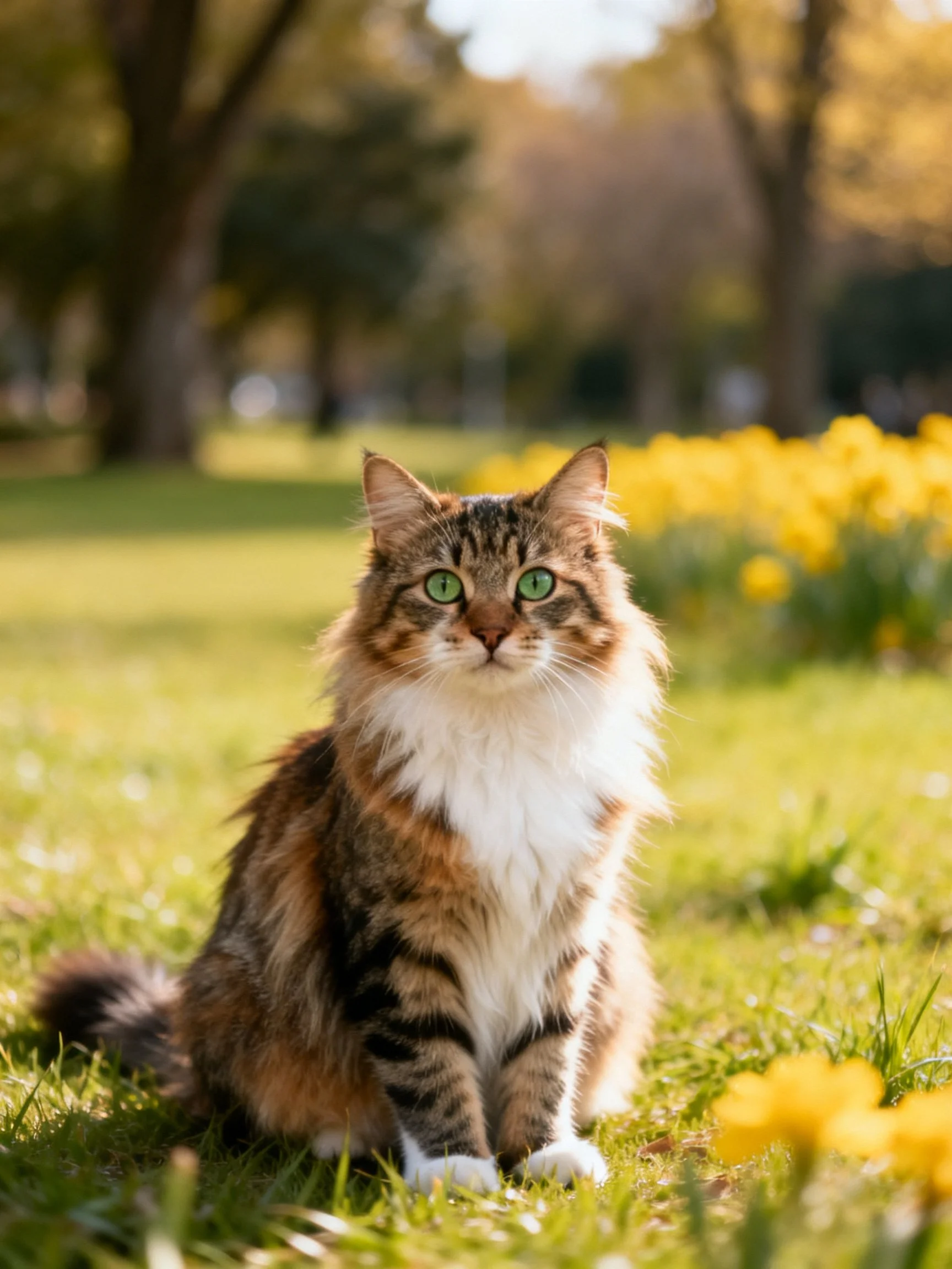 A fluffy multicolored cat sits calmly among yellow flowers in a sunlit park setting.