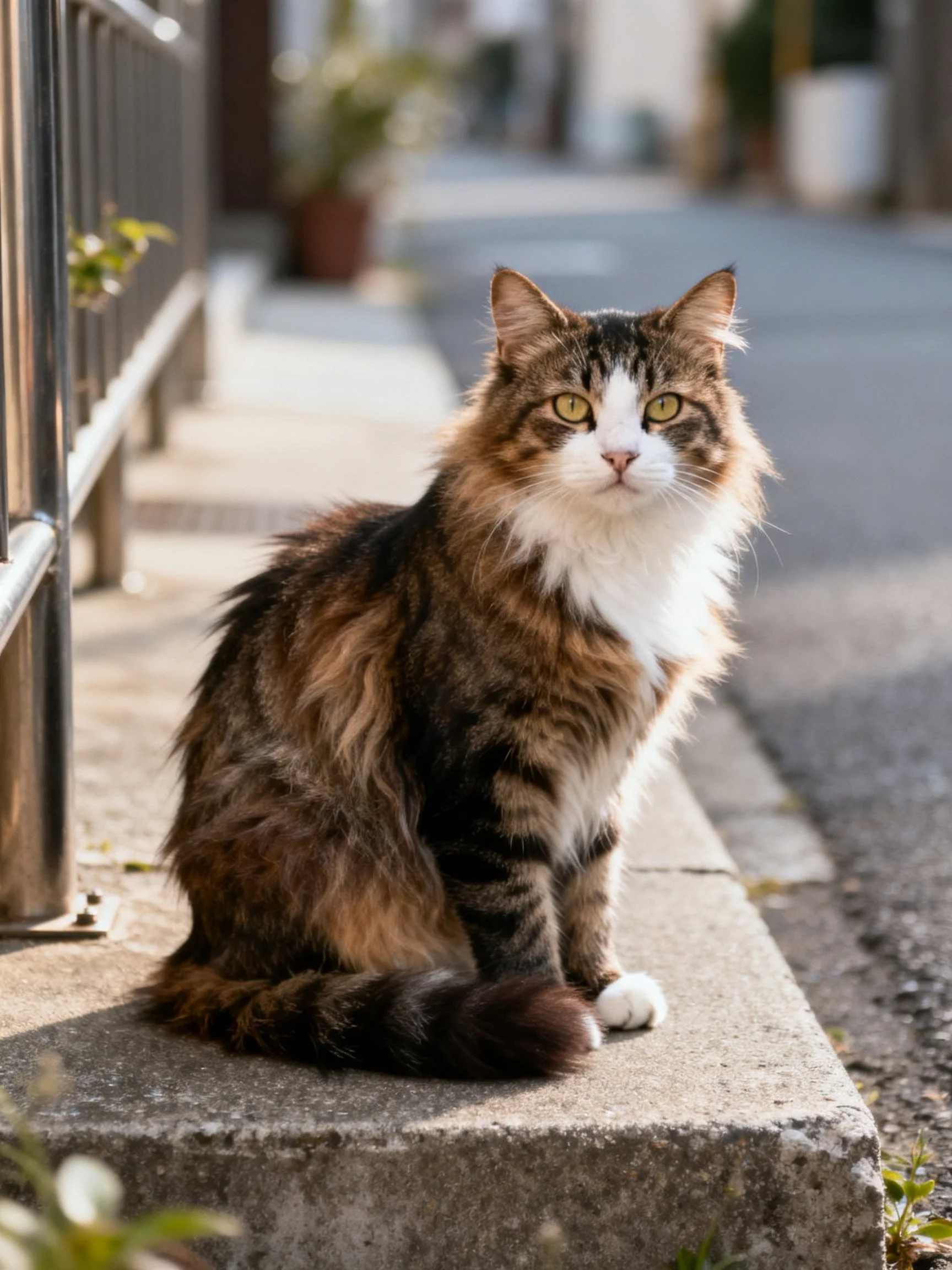 A multicolored, fluffy cat sits calmly on a concrete ledge beside a metal railing.