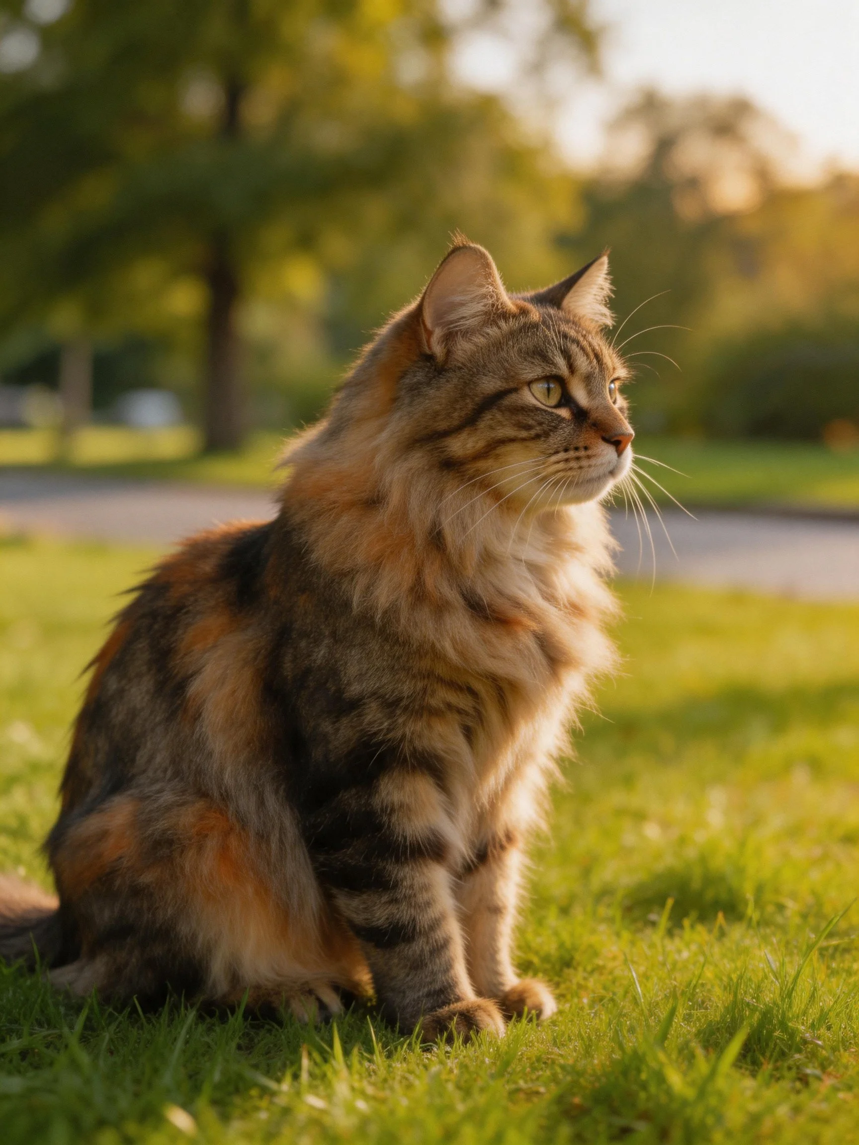 A fluffy multicolored cat sits on sunlit grass near trees.