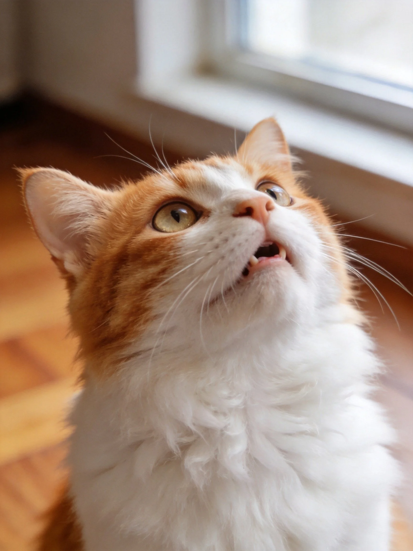 A fluffy orange and white cat gazes upward near a sunlit window.
