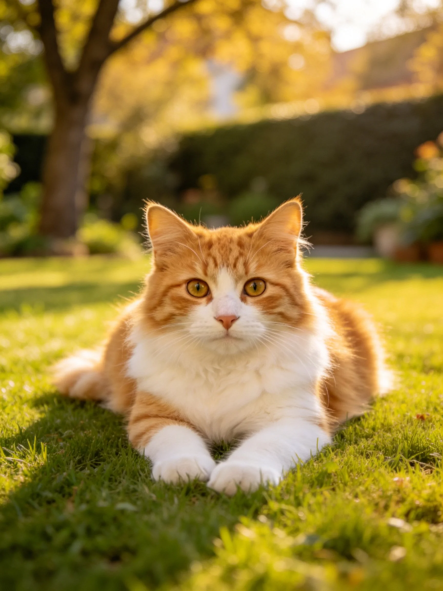 A fluffy orange and white cat relaxes on green grass in a sunlit outdoor area.