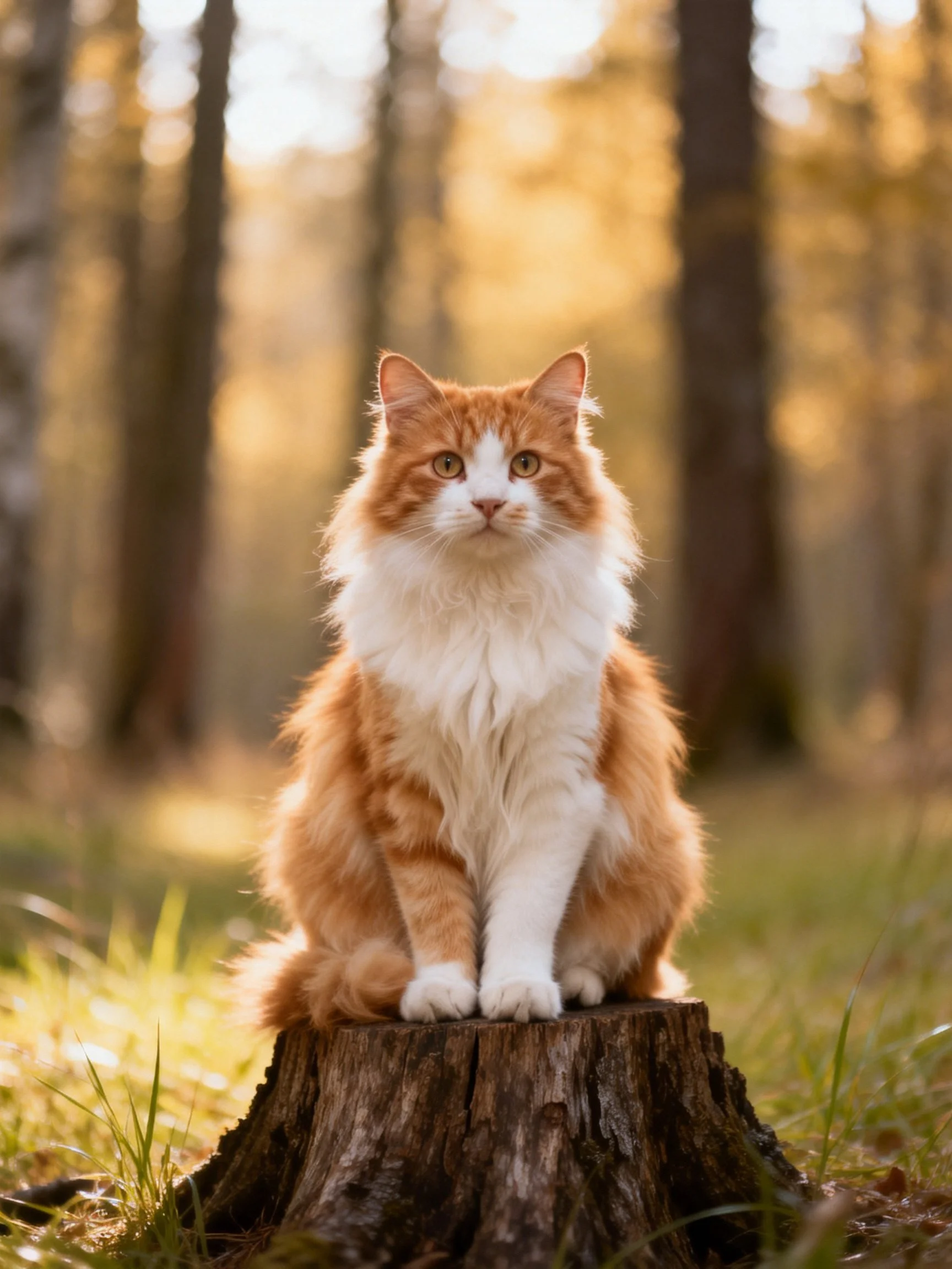 A fluffy orange and white cat sits calmly on a weathered tree stump in a sunlit forest.