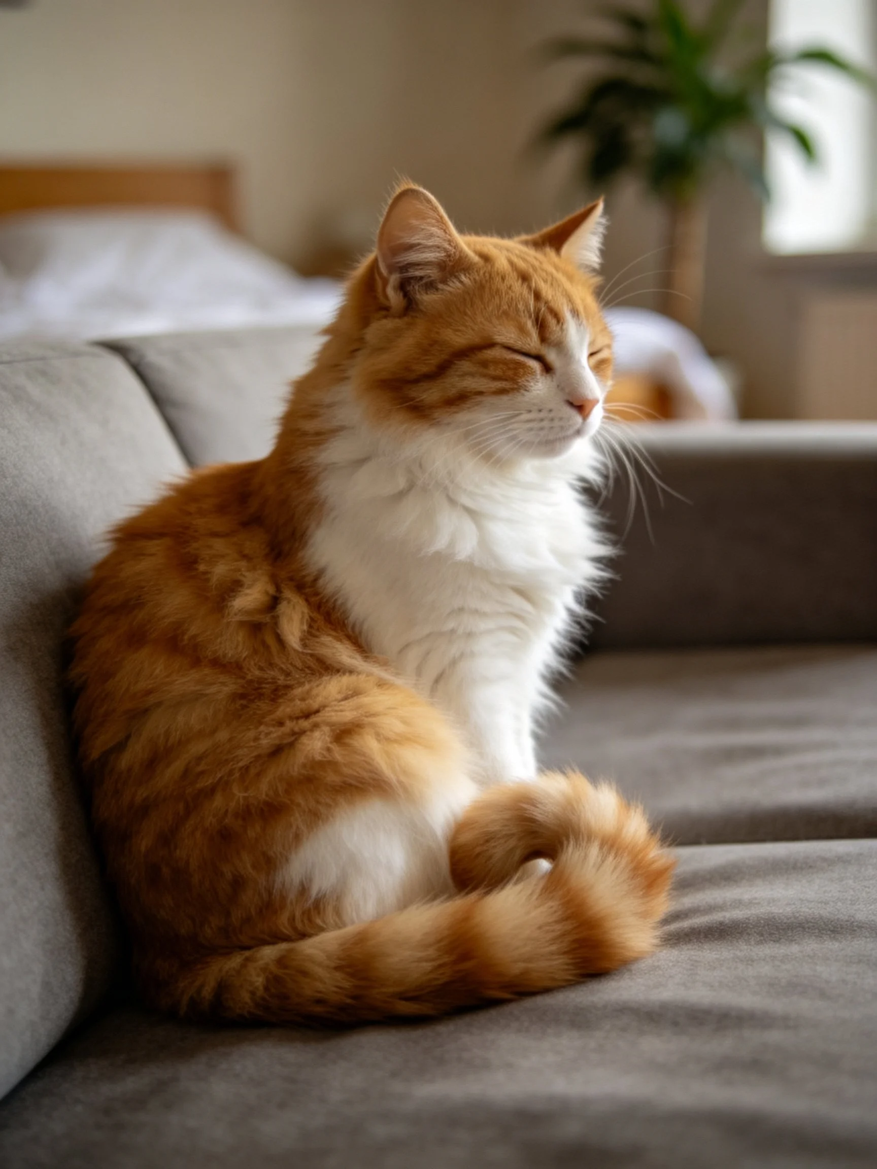 An orange and white cat relaxes on a gray sofa in a cozy room.