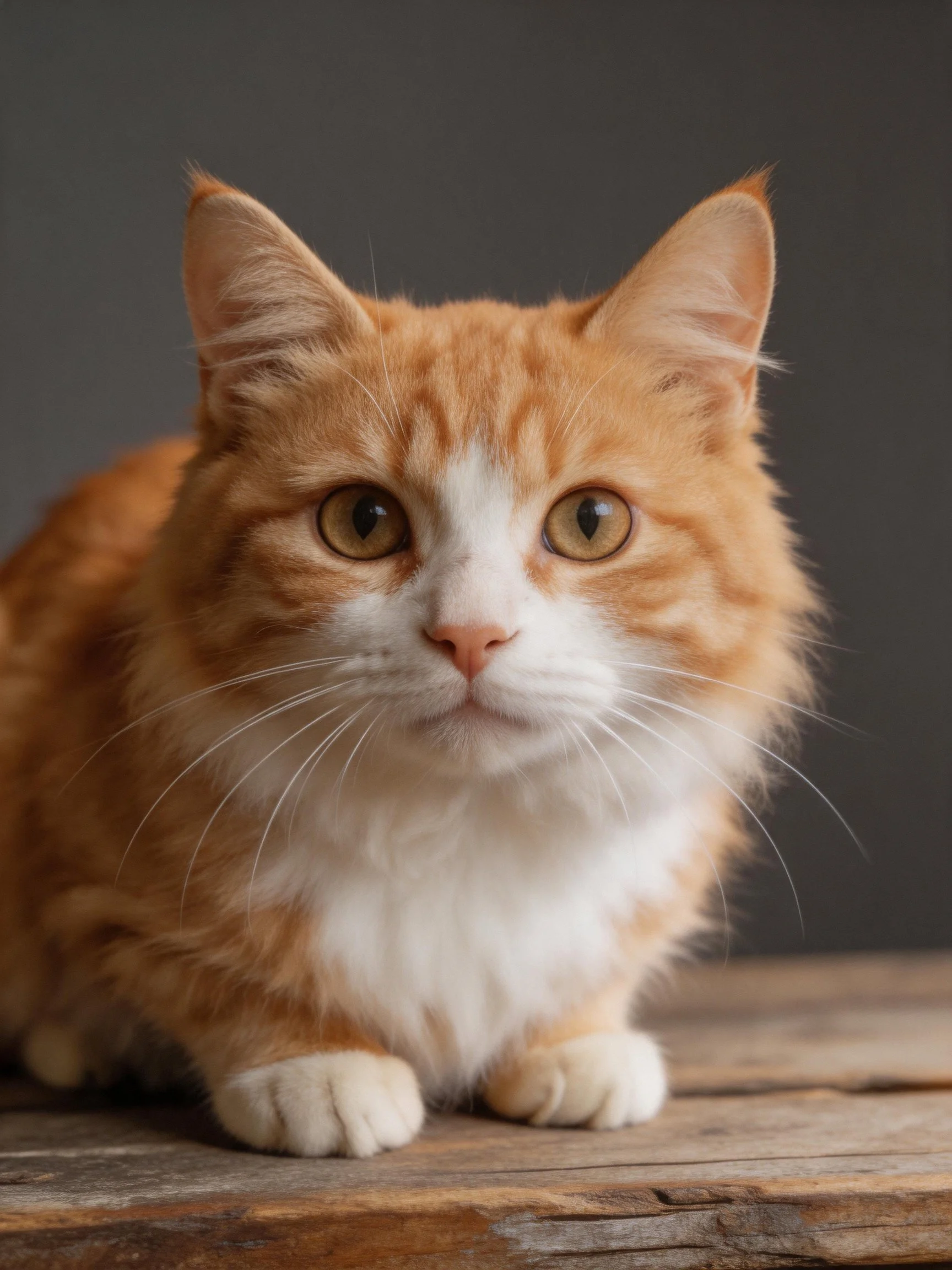 A fluffy orange and white cat sits on a wooden surface