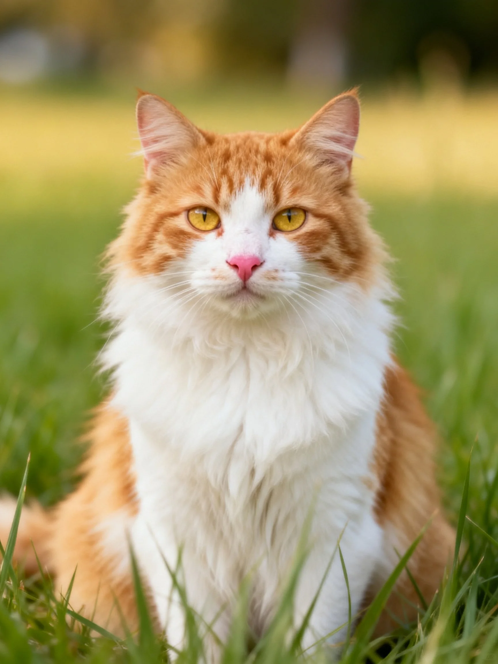 A fluffy orange and white cat sits calmly amidst lush green grass.