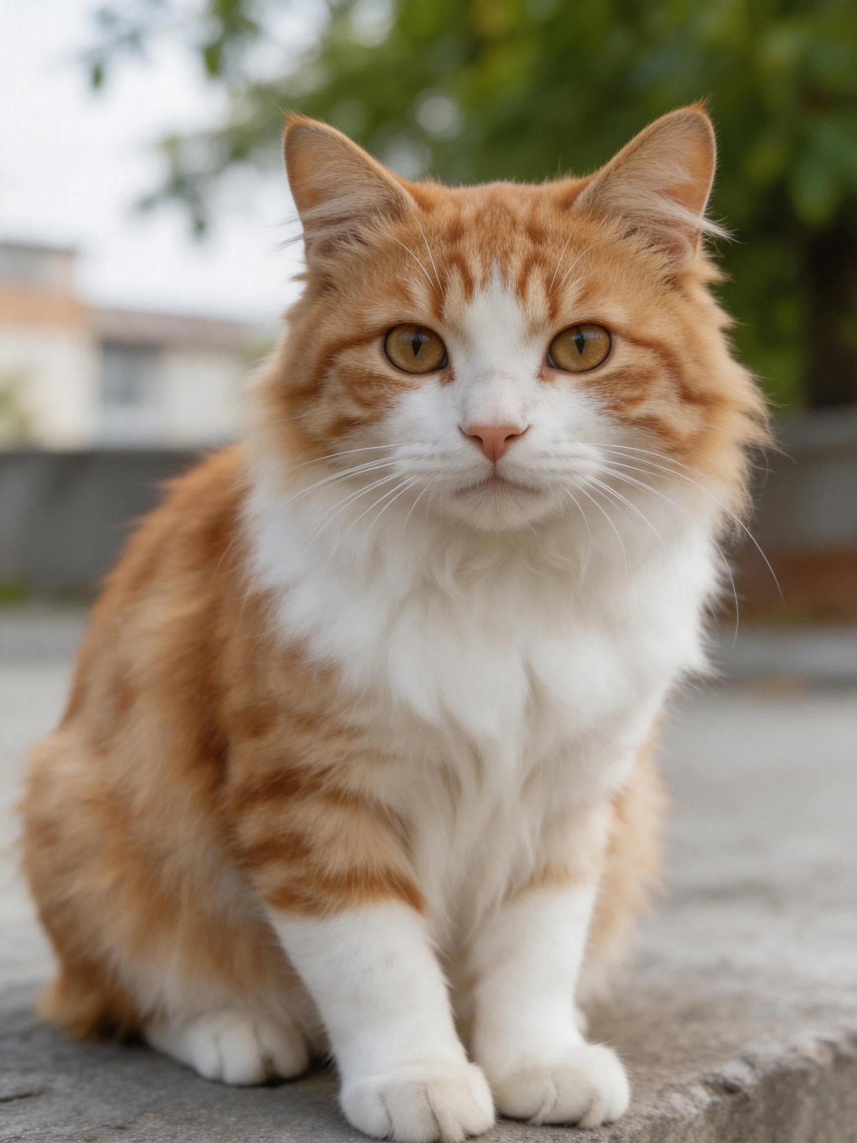 An orange and white cat sits calmly on a concrete surface outdoors
