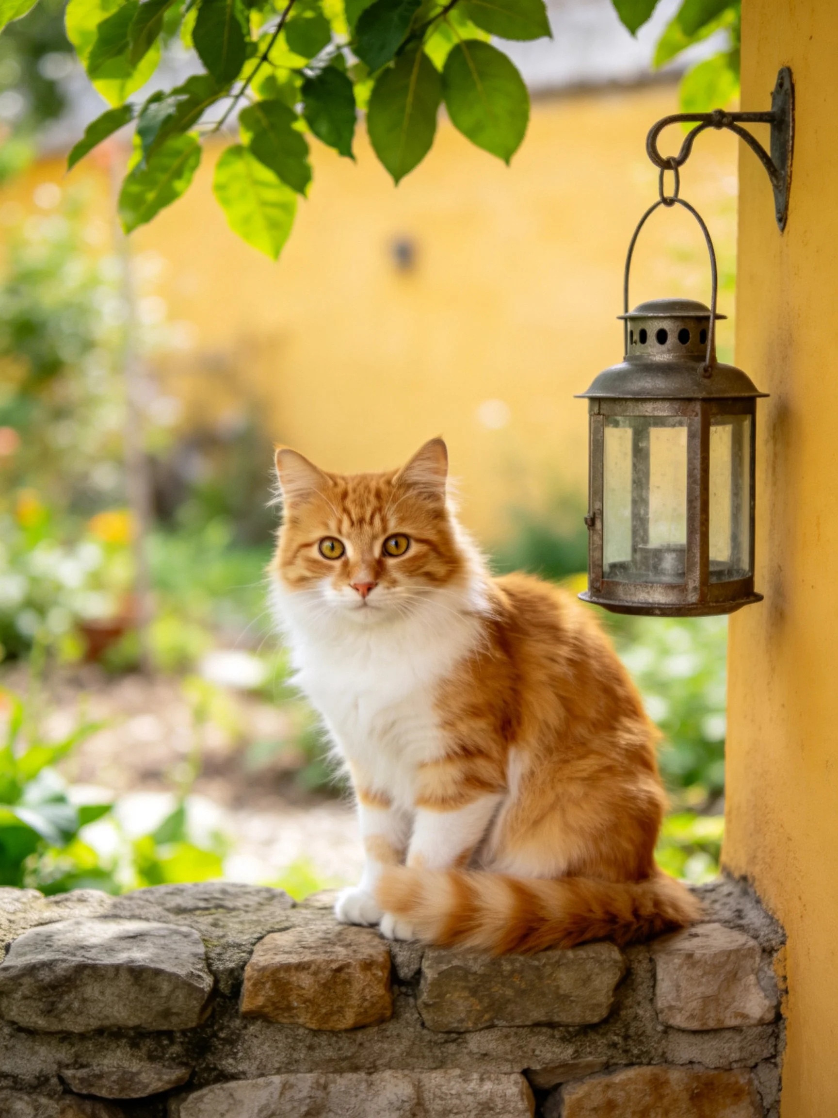 A fluffy orange and white cat sits on a stone wall near a lantern.