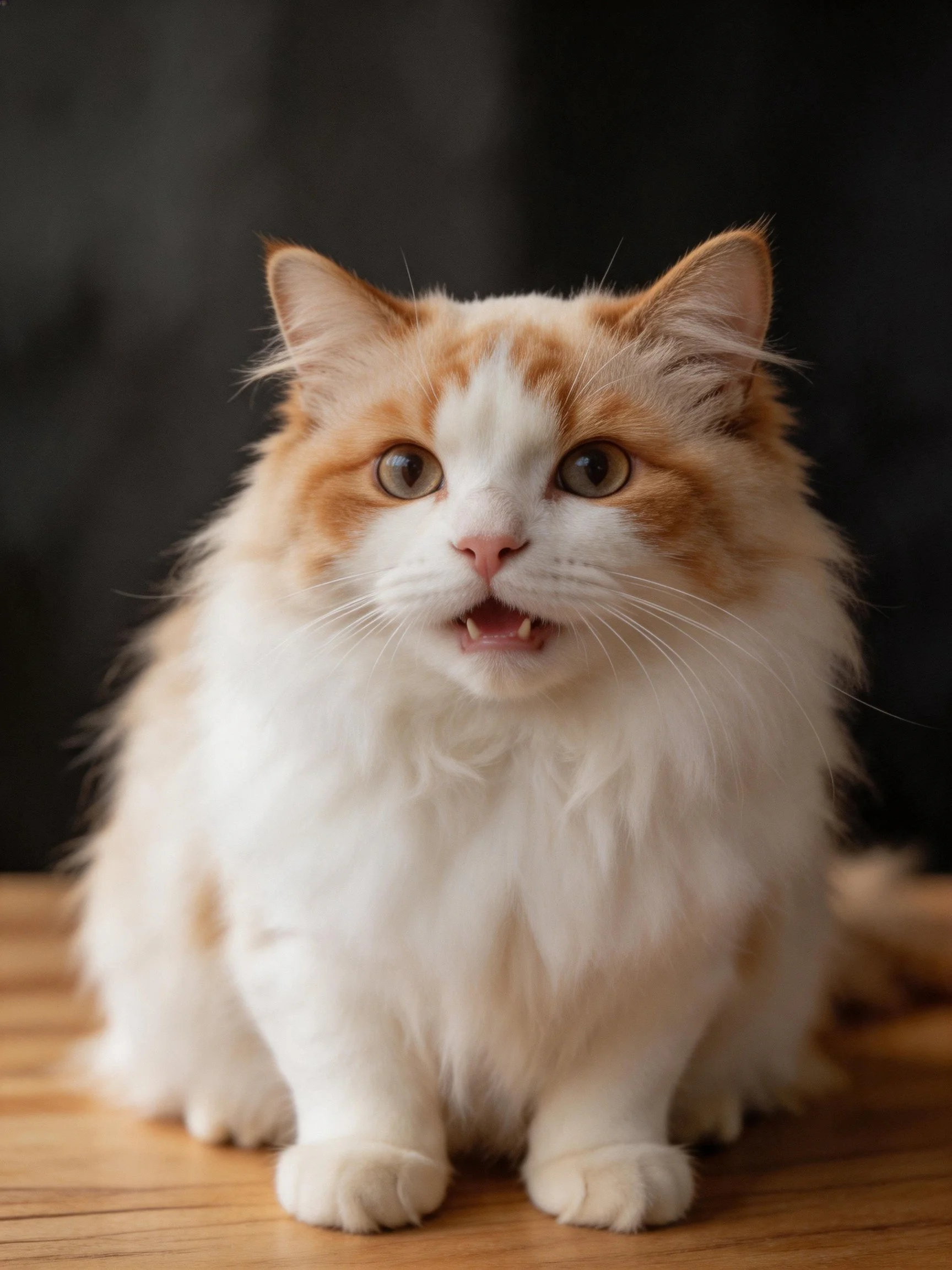 A fluffy orange and white cat sits on a wooden surface with a dark backdrop, appearing attentive.