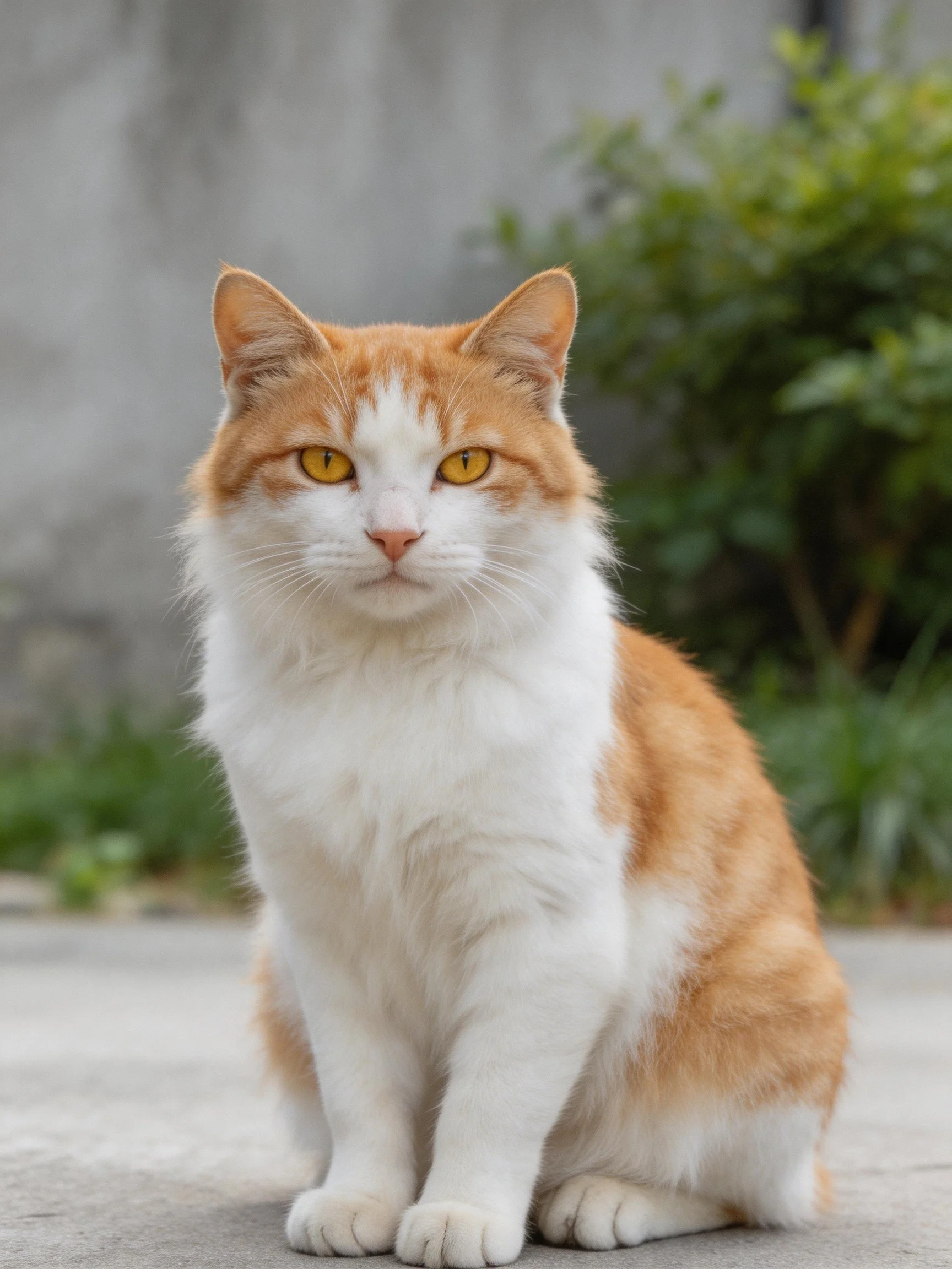 An orange and white cat sits calmly outdoors near greenery.