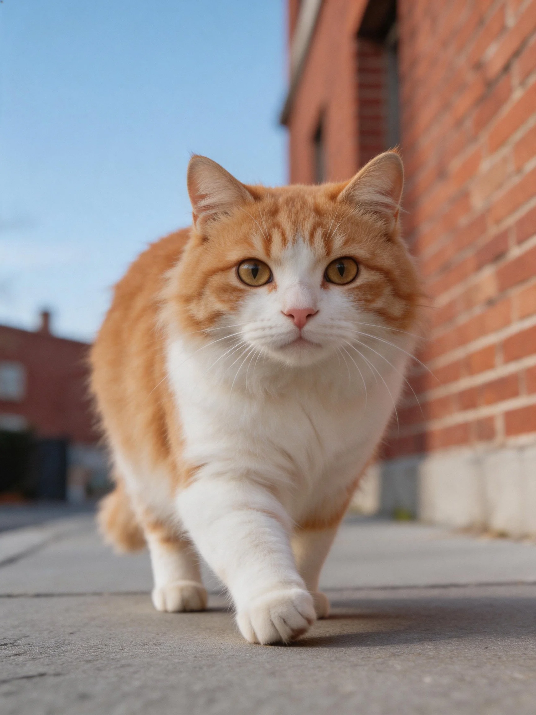 An orange and white cat walks on a sidewalk beside a brick structure