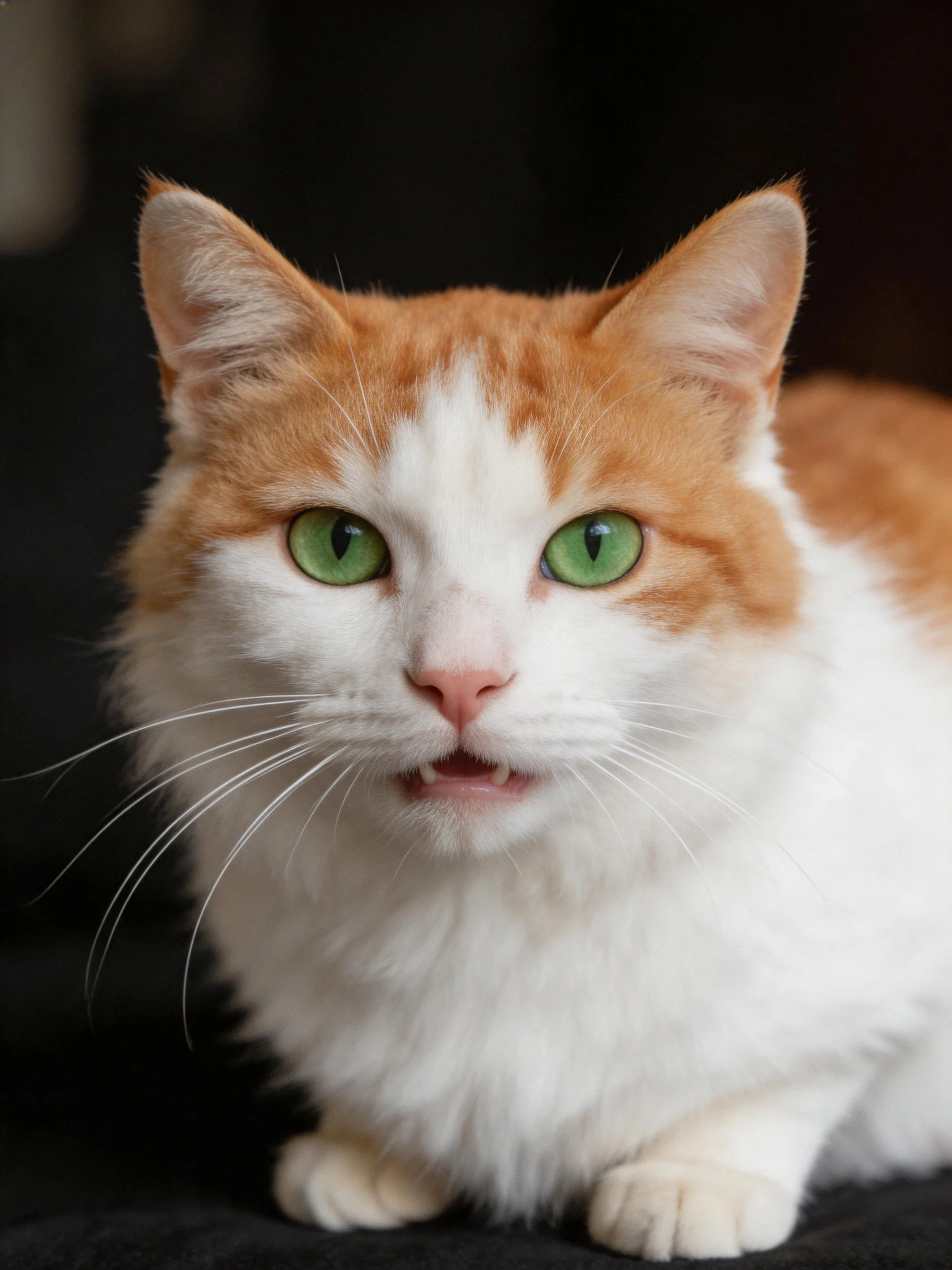 A fluffy orange and white cat with bright green eyes rests against a dark backdrop.