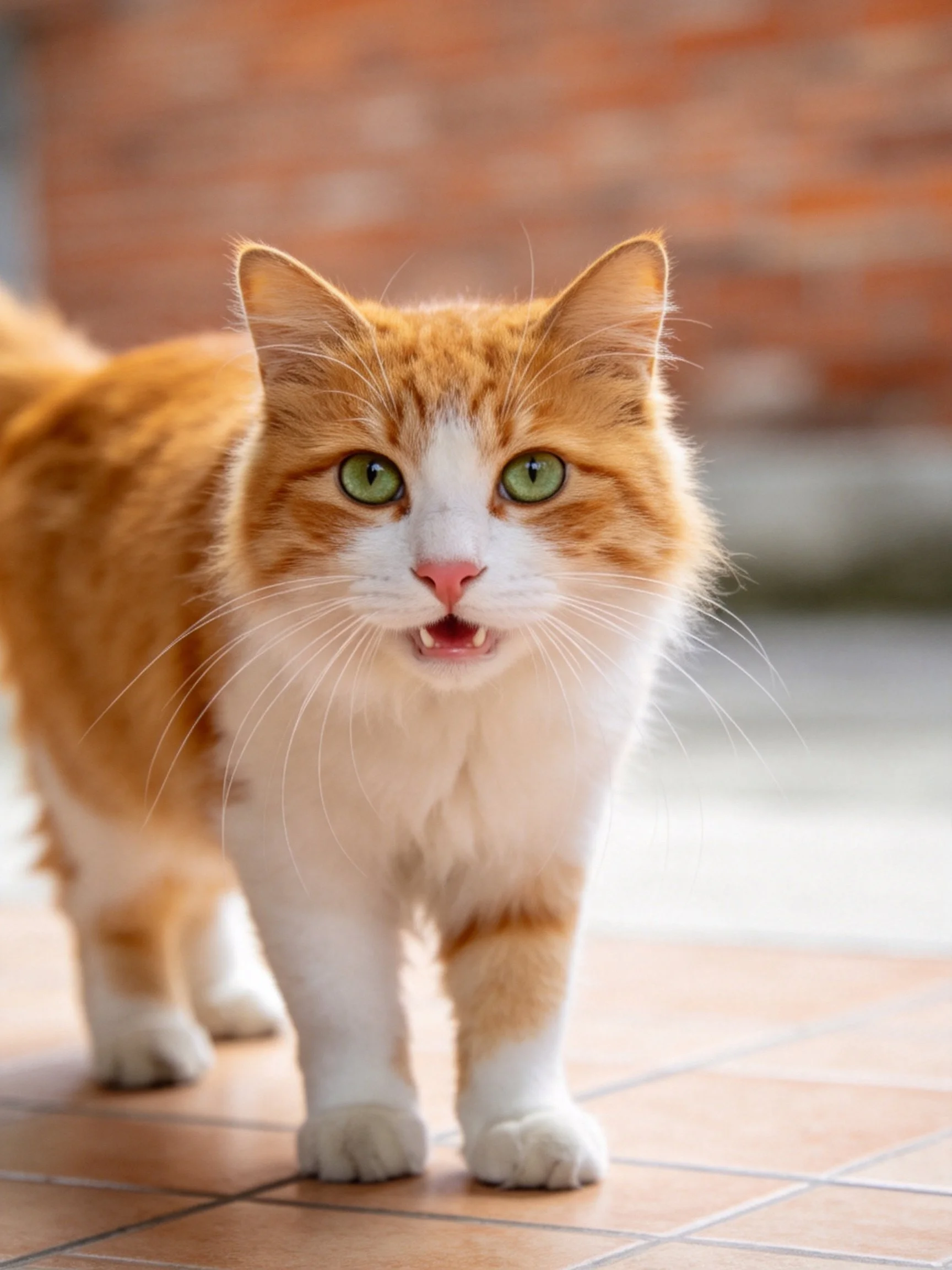 An orange and white cat with green eyes stands on tiled flooring near a brick wall.