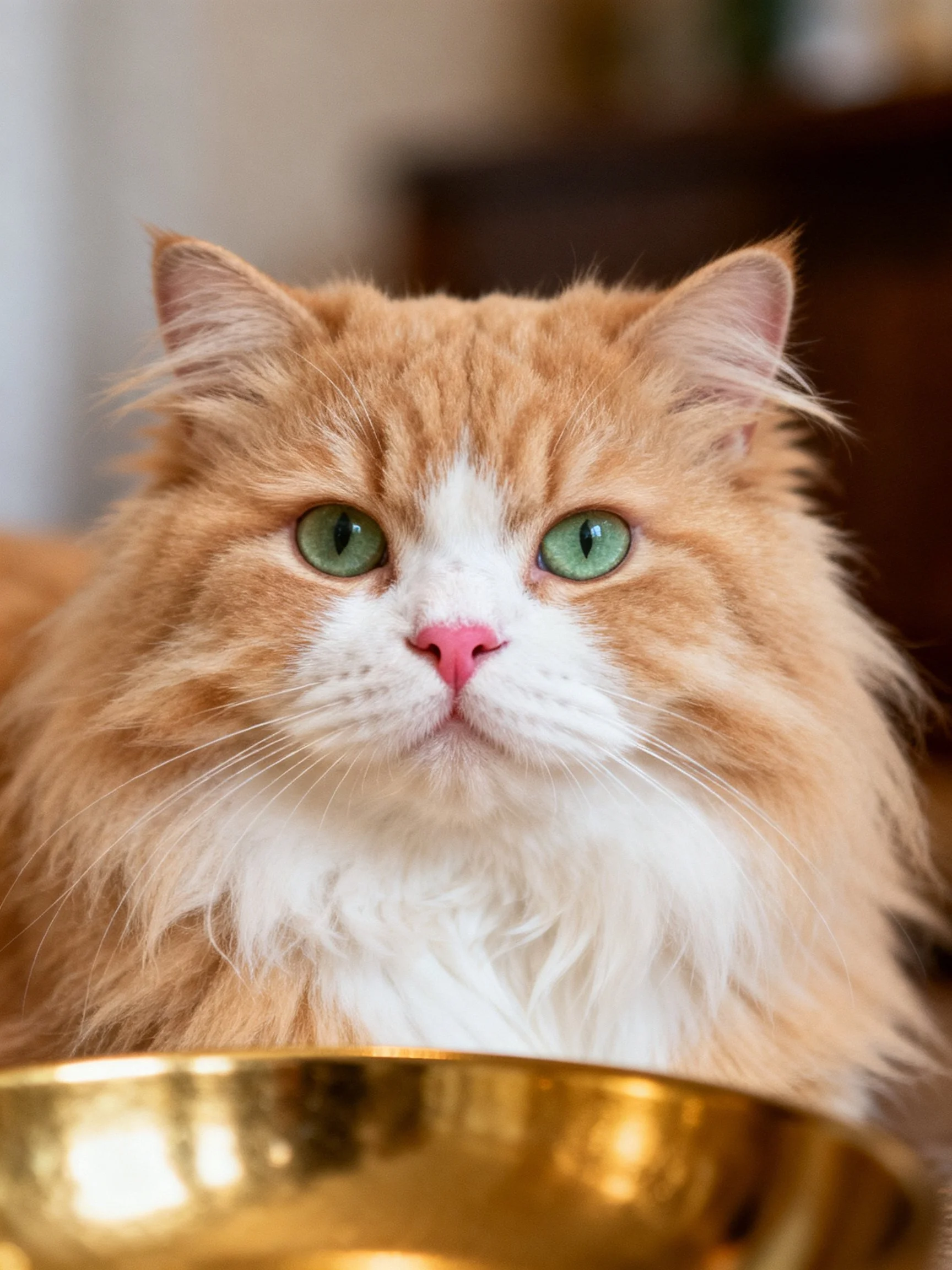 A fluffy orange and white cat with green eyes sits beside a golden bowl.