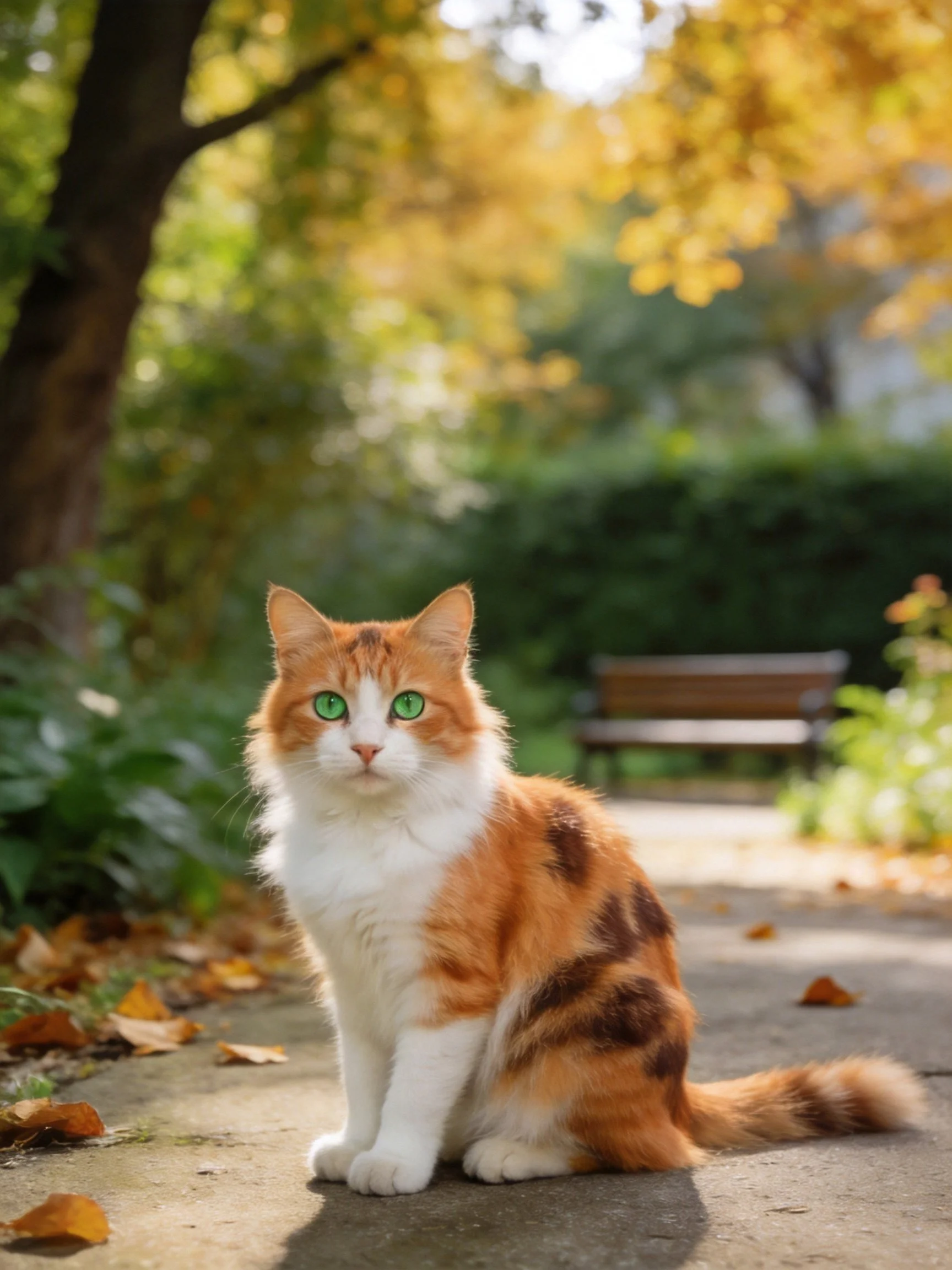 A cat with orange and white fur and green eyes sits in a sunlit park