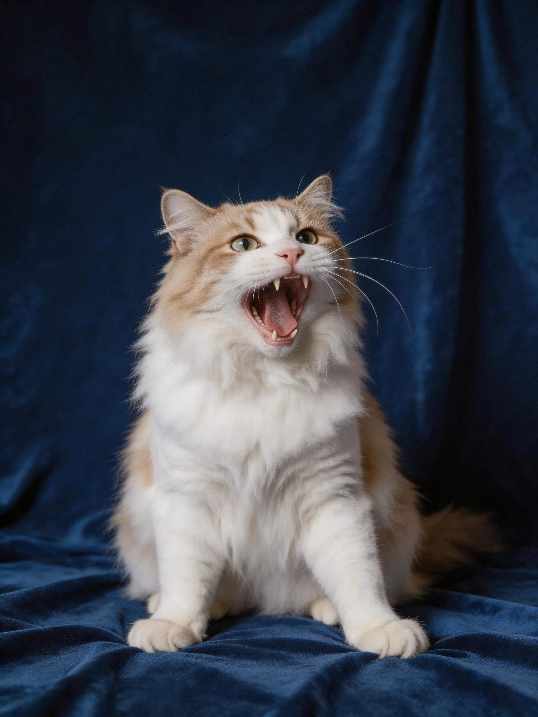 A fluffy orange and white cat yawns on a deep blue fabric