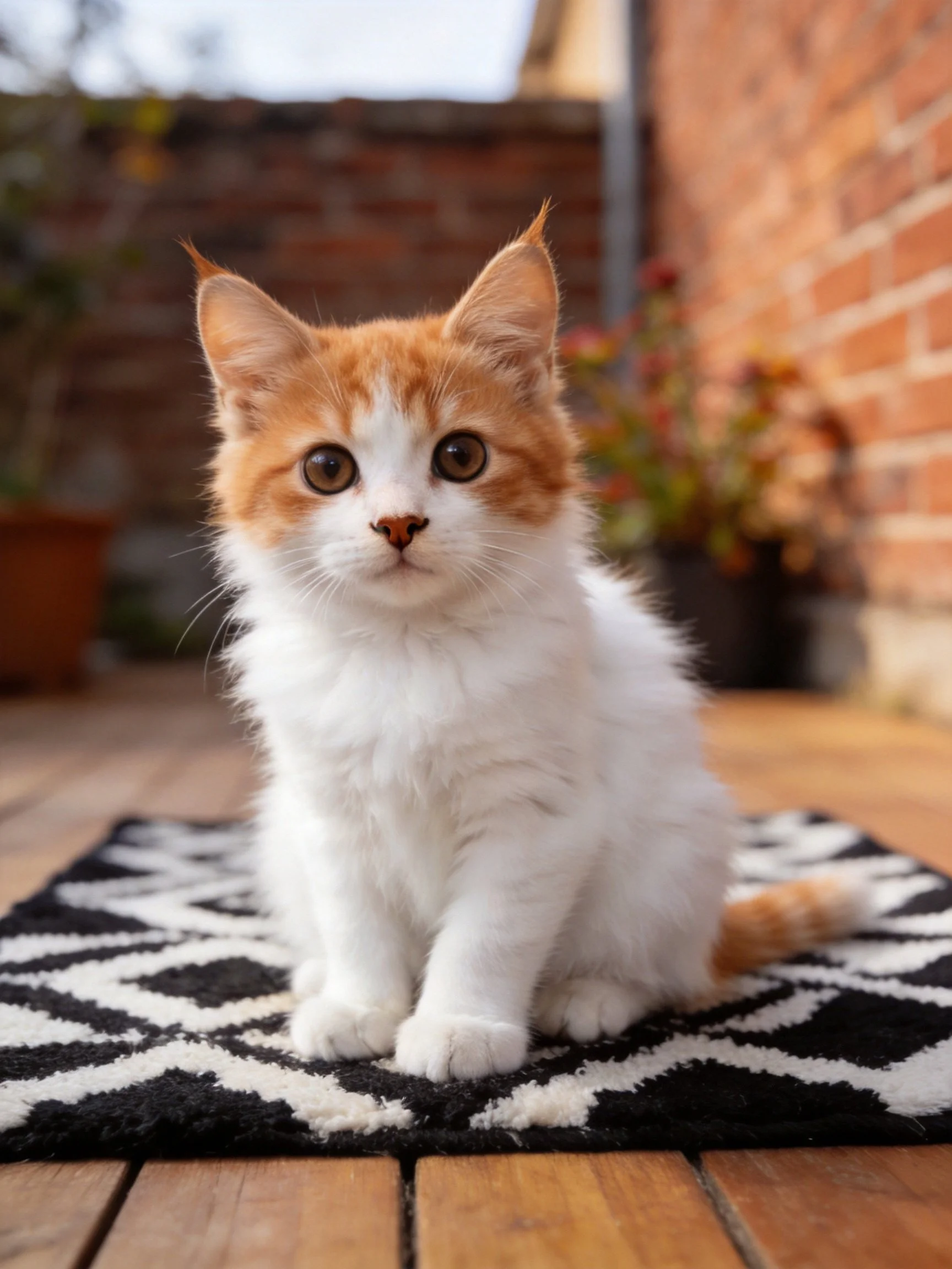 An orange and white kitten sits on a patterned rug in an outdoor space.