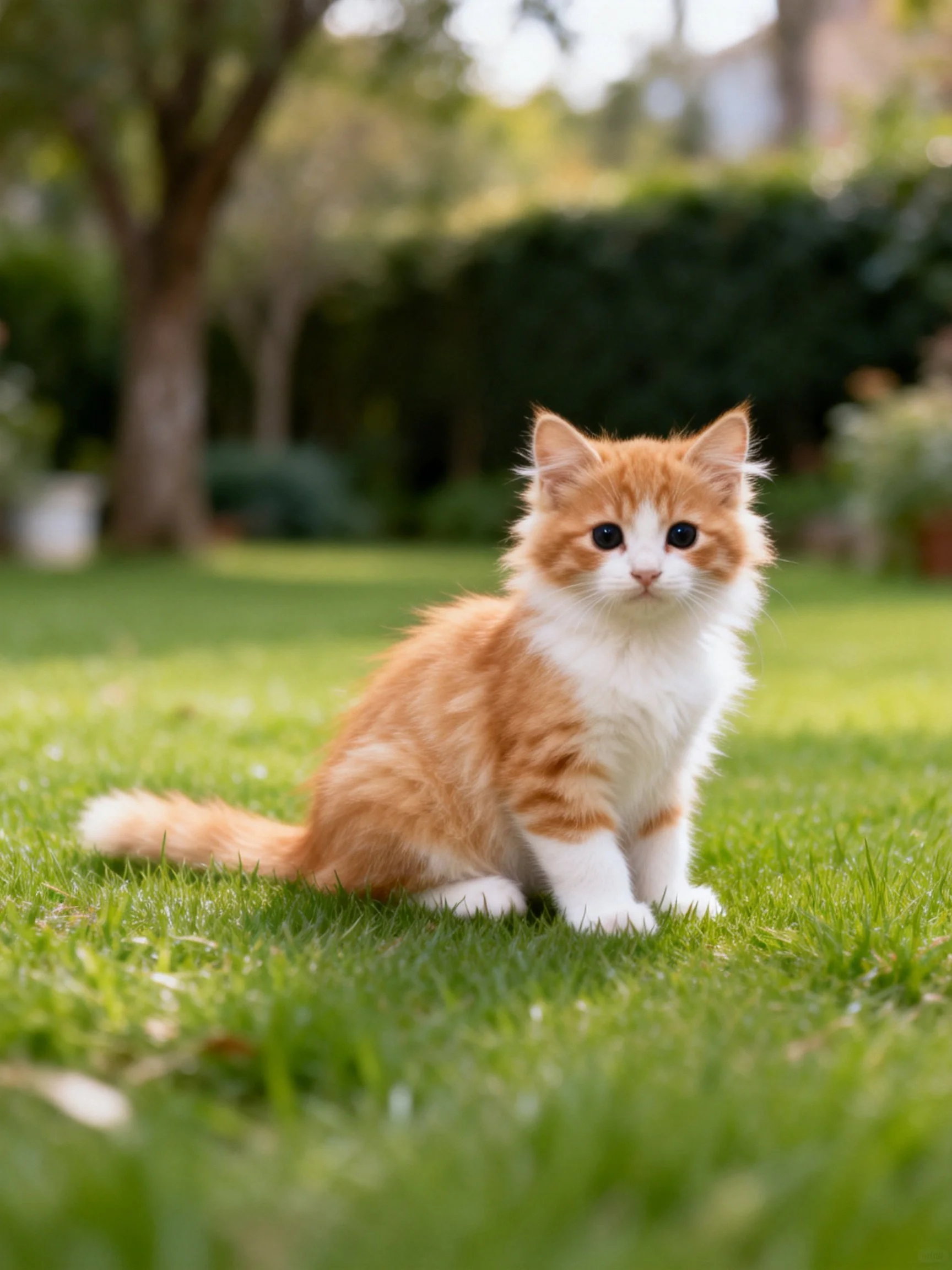 An orange-and-white kitten sits calmly on green grass in a sunlit garden.