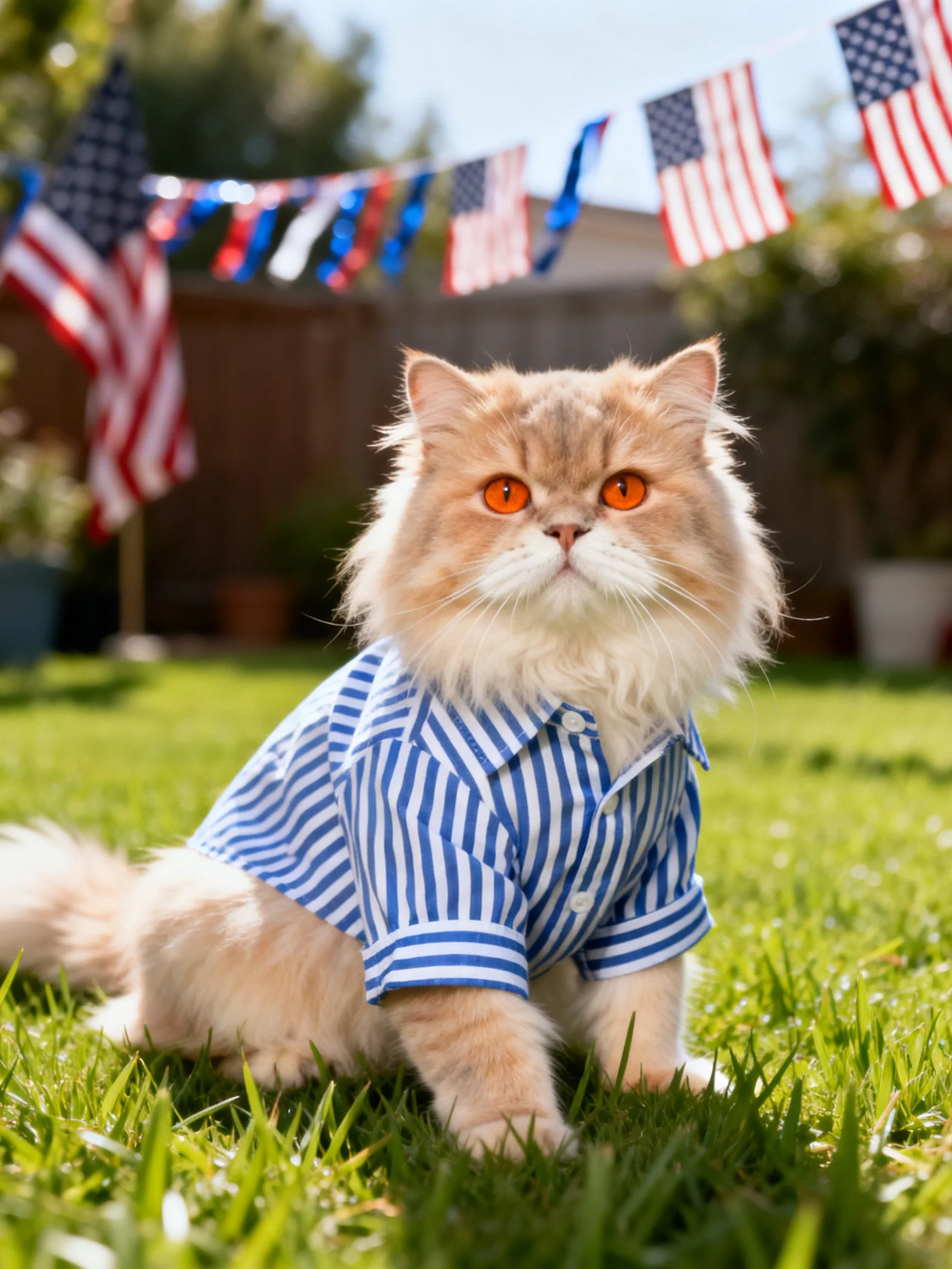 A fluffy orange cat in a blue and white striped shirt sits on green grass near patriotic decorations
