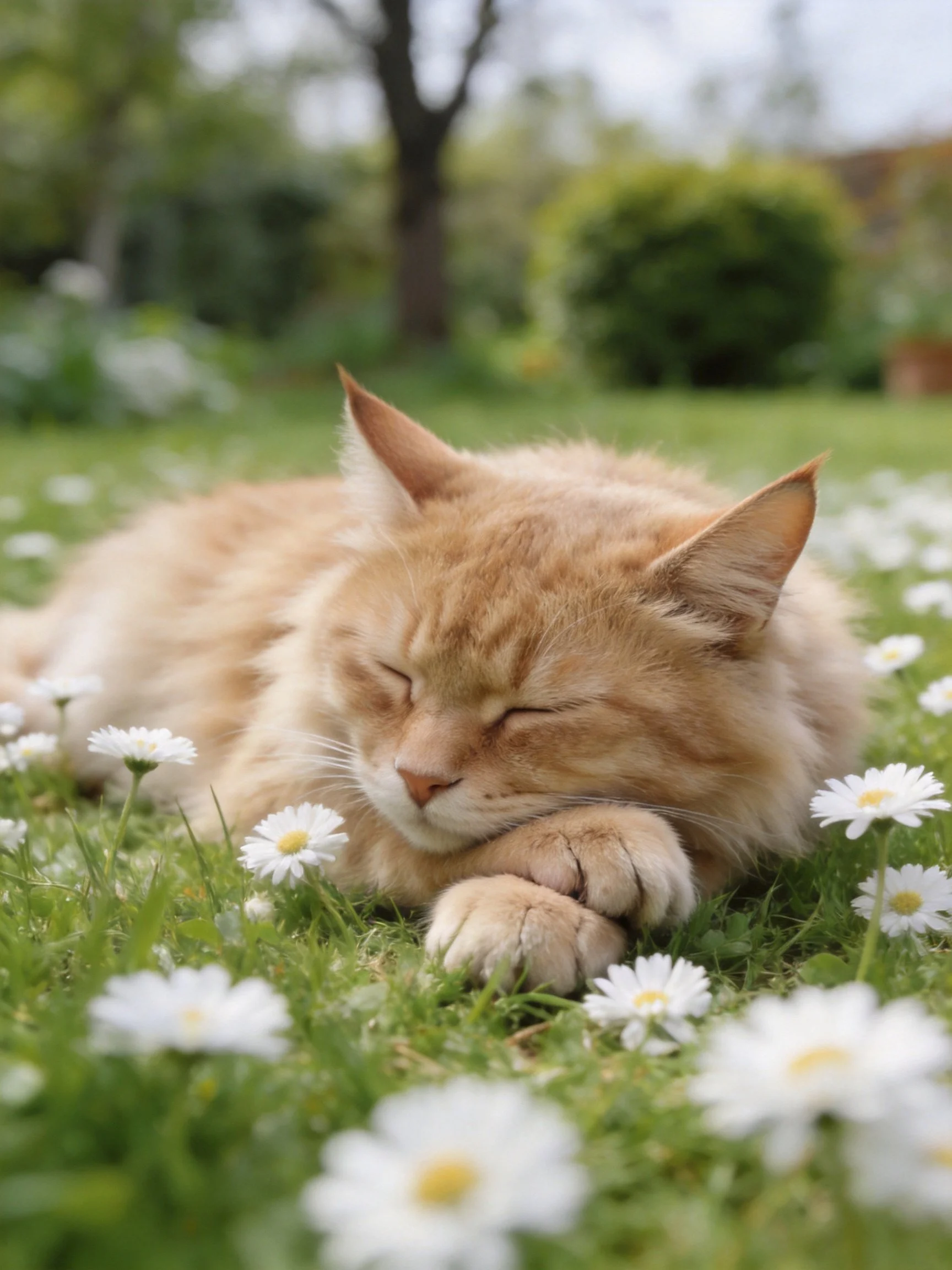 An orange cat peacefully sleeps among daisies in a sunny garden.