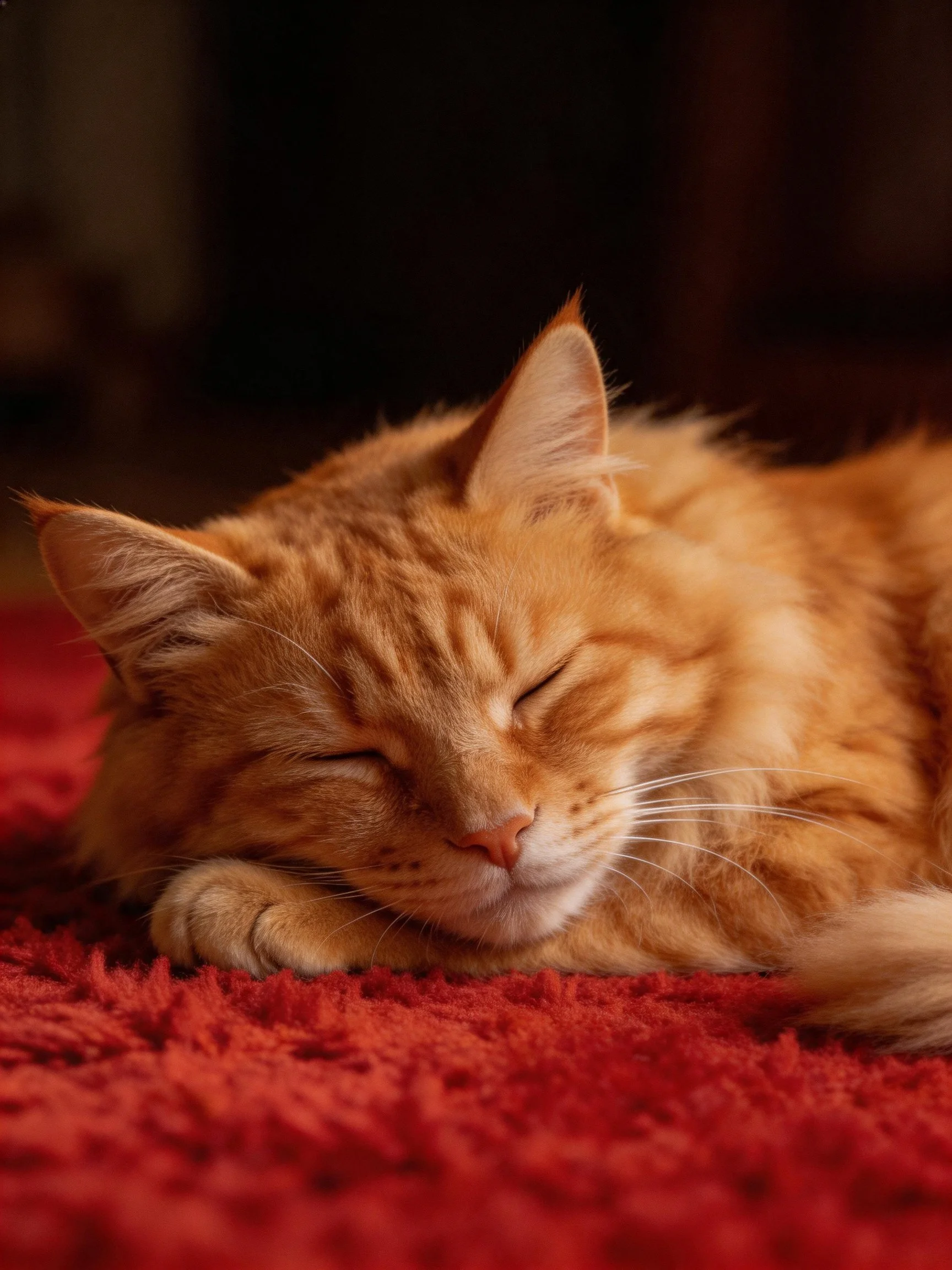 A fluffy orange cat napping on a plush red carpet