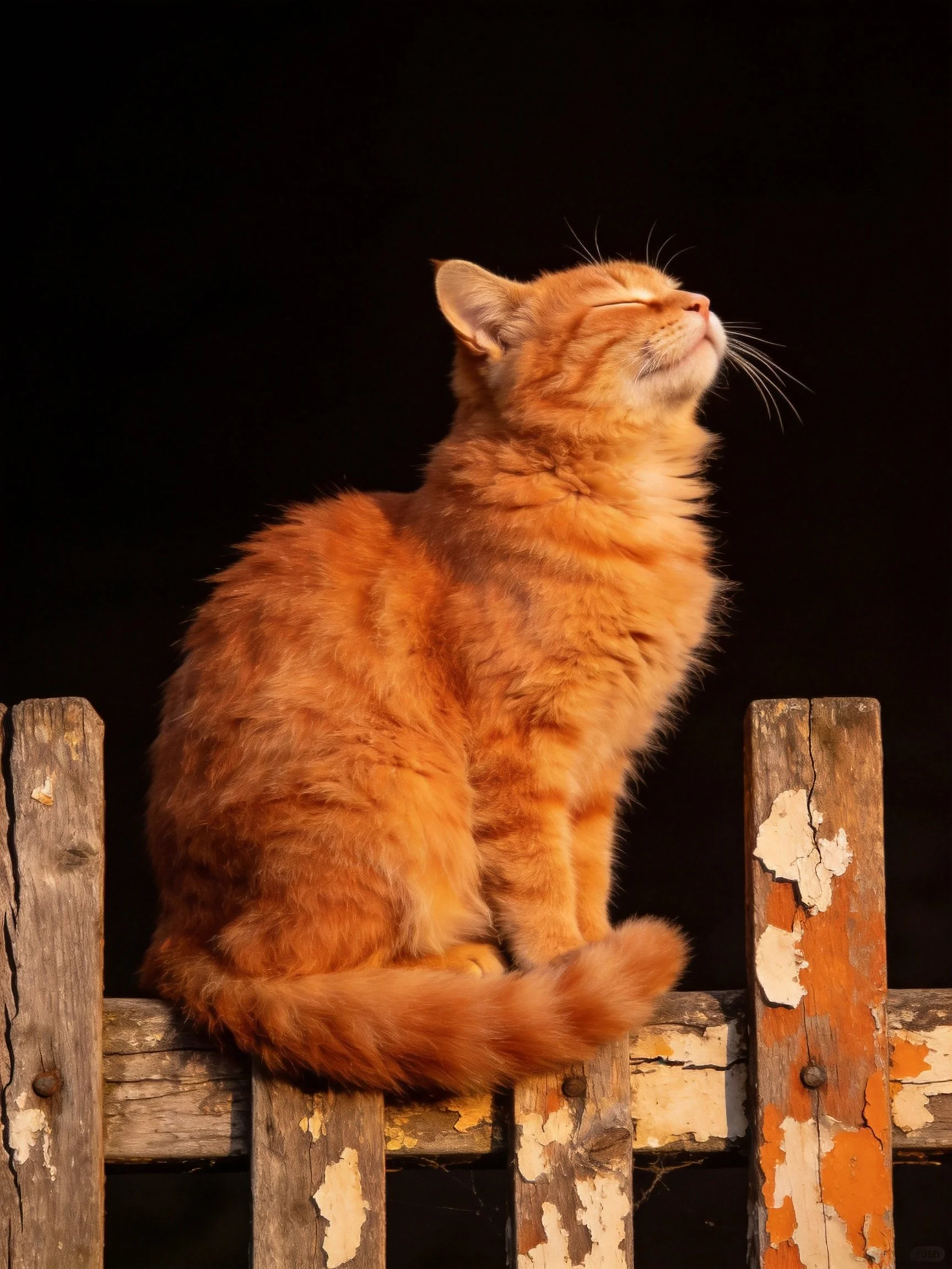 A fluffy orange cat perched on a weathered wooden fence