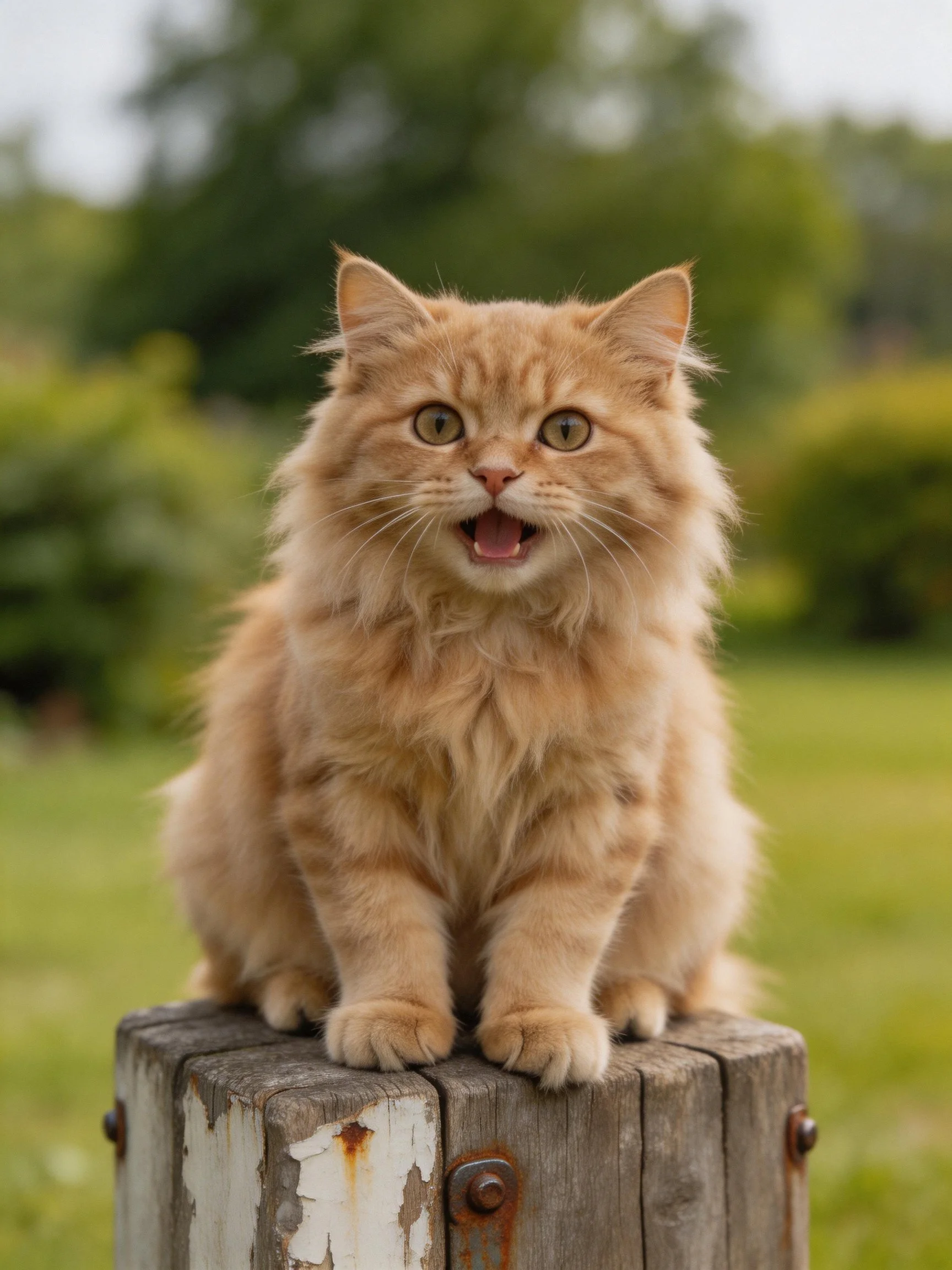 A fluffy orange cat perched on a weathered wooden post in a lush green garden