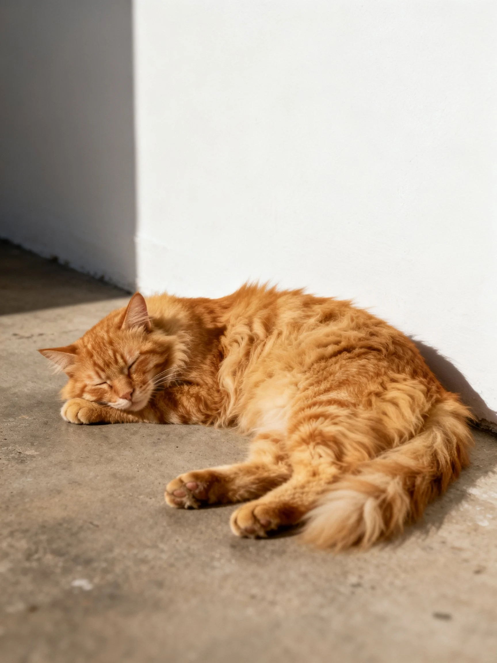 A fluffy orange cat rests against a white wall on concrete