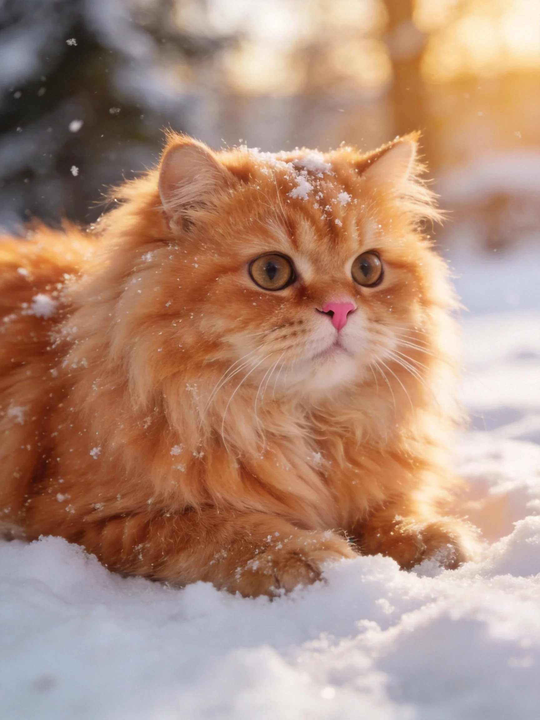 A fluffy orange cat sits calmly in snow under warm sunlight