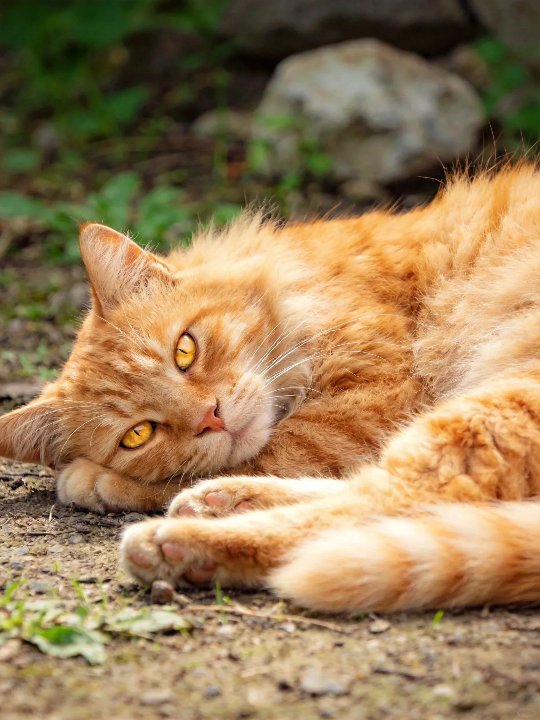 An orange cat relaxes on a dirt path in a natural setting.
