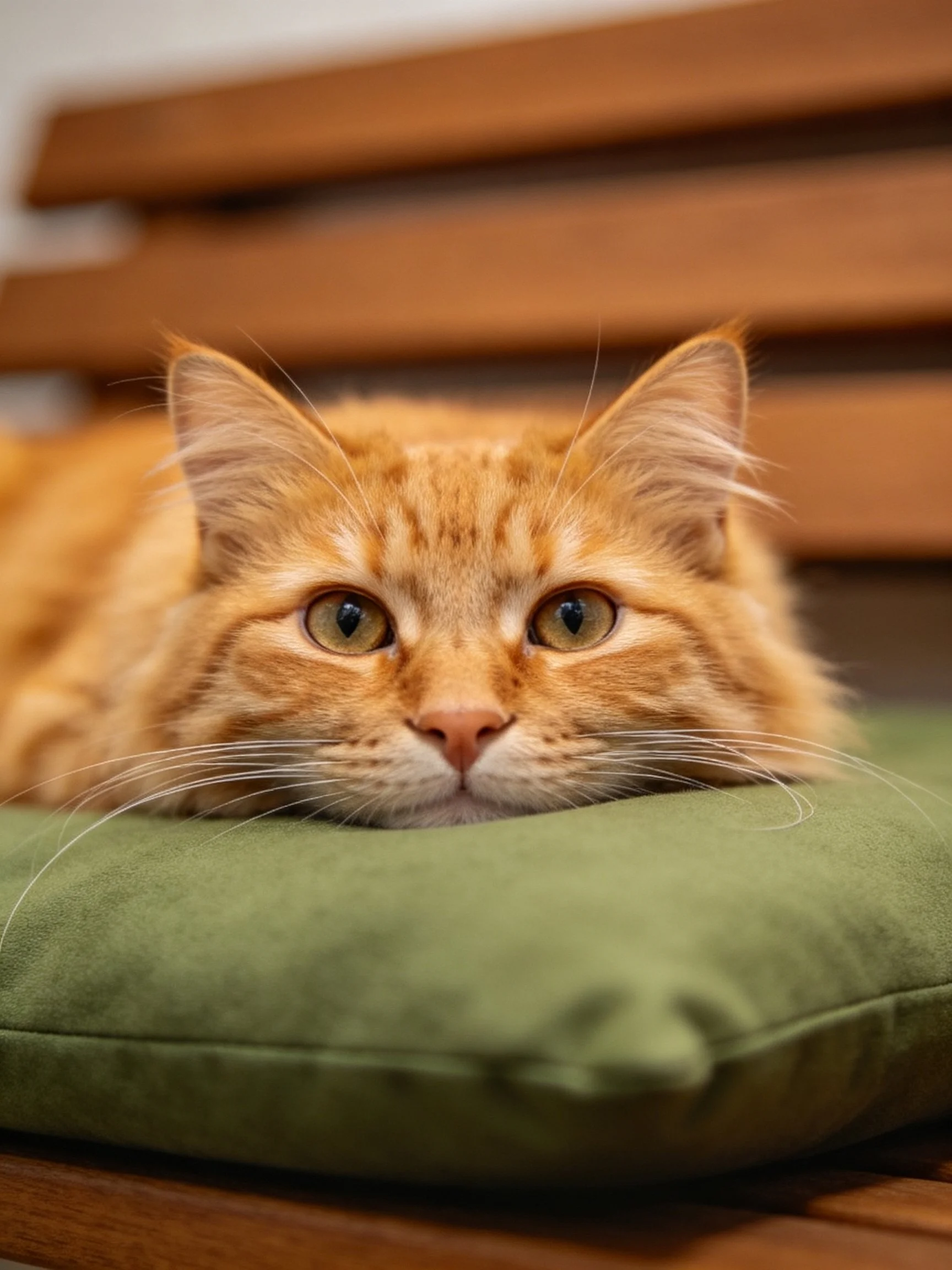 An orange cat relaxes on a green cushion next to a wooden bench.