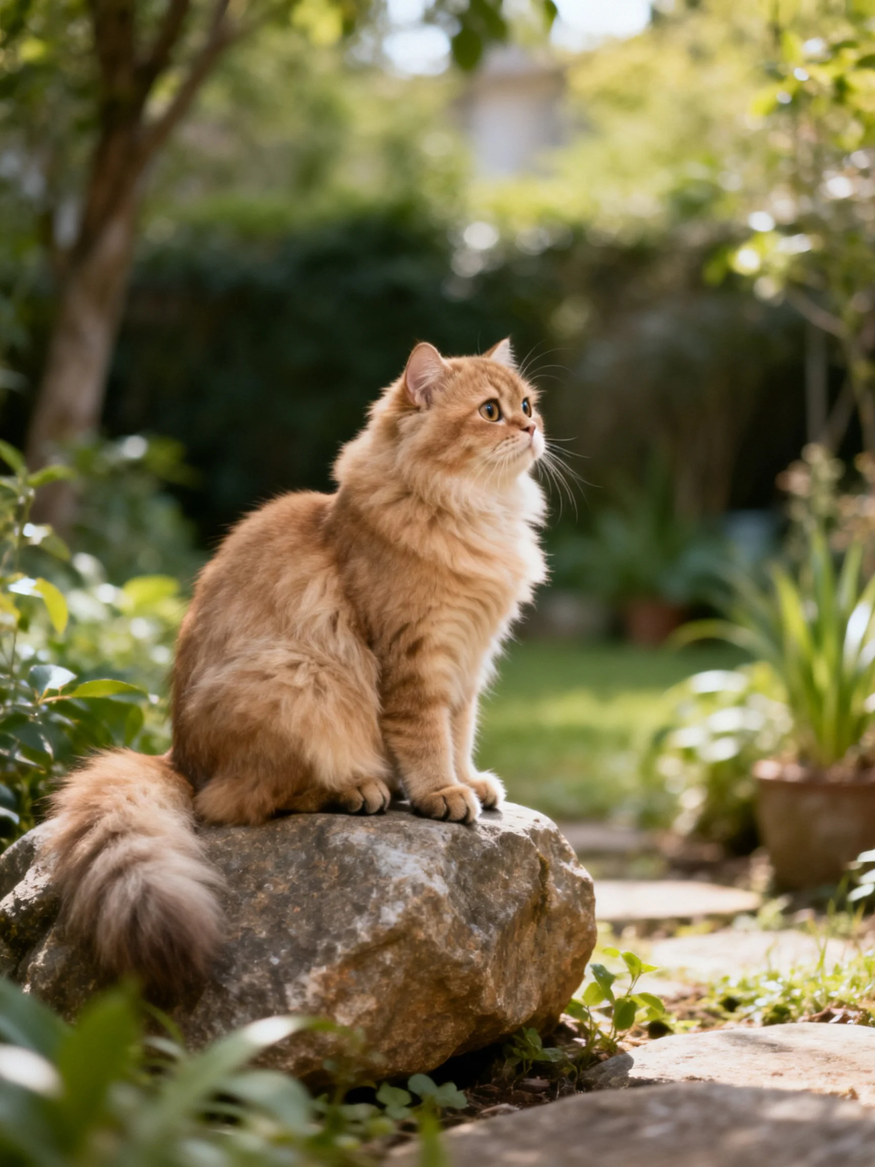 An orange cat rests on a stone in a sunlit garden with greenery.