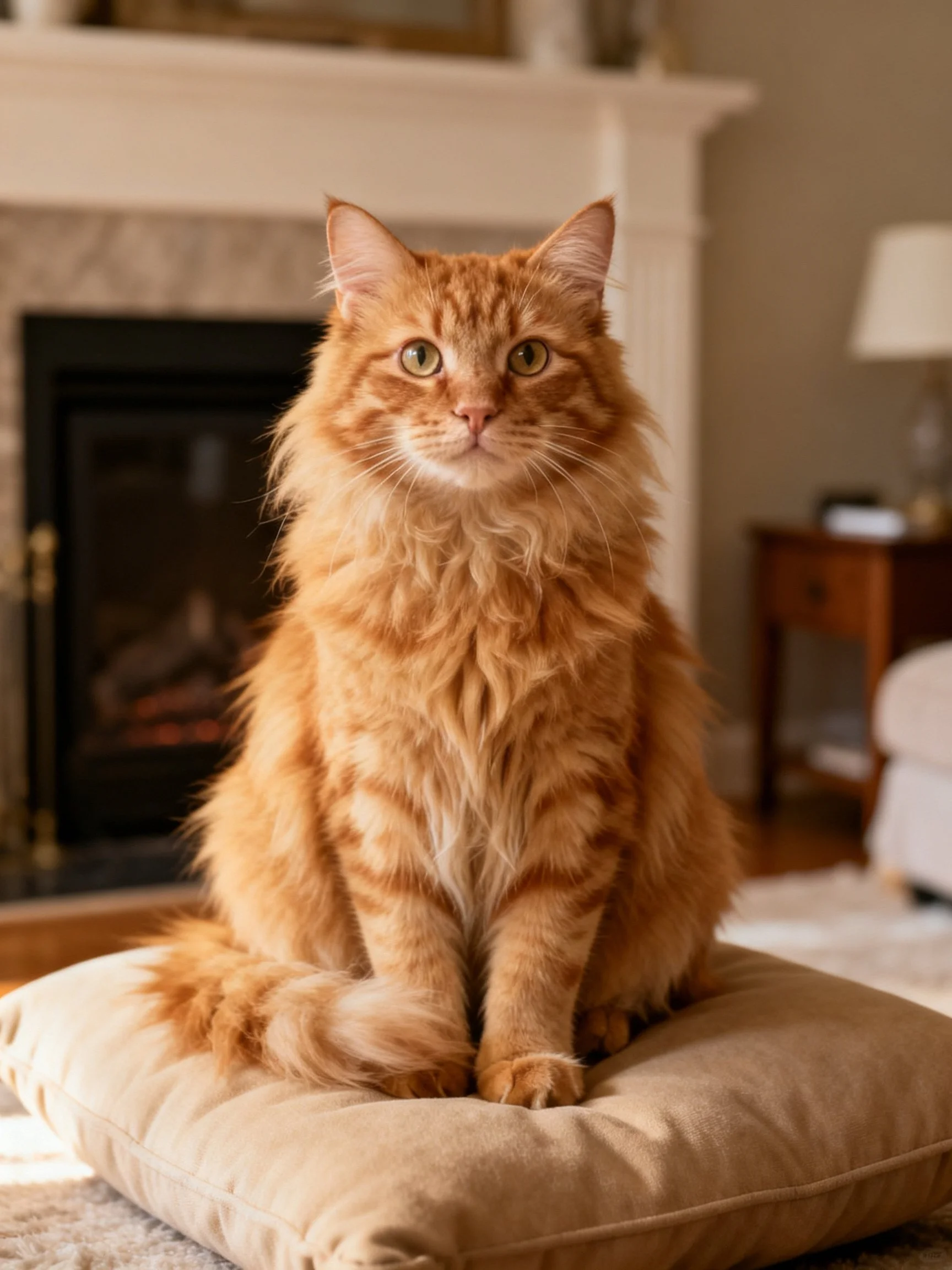 A fluffy orange cat sits calmly on a cushion in a cozy living room.